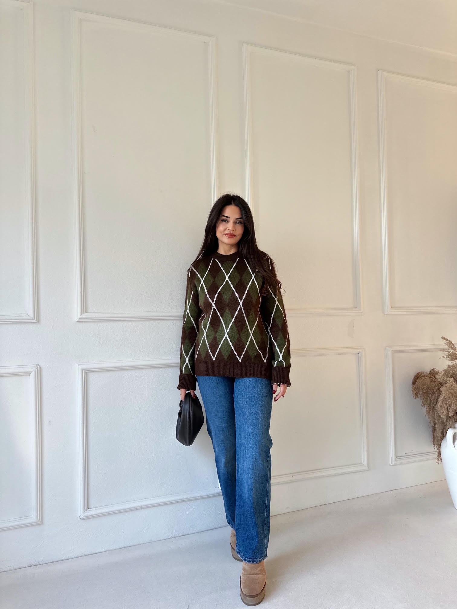 Baklava Desen Premium Triko Kazak - Kahve