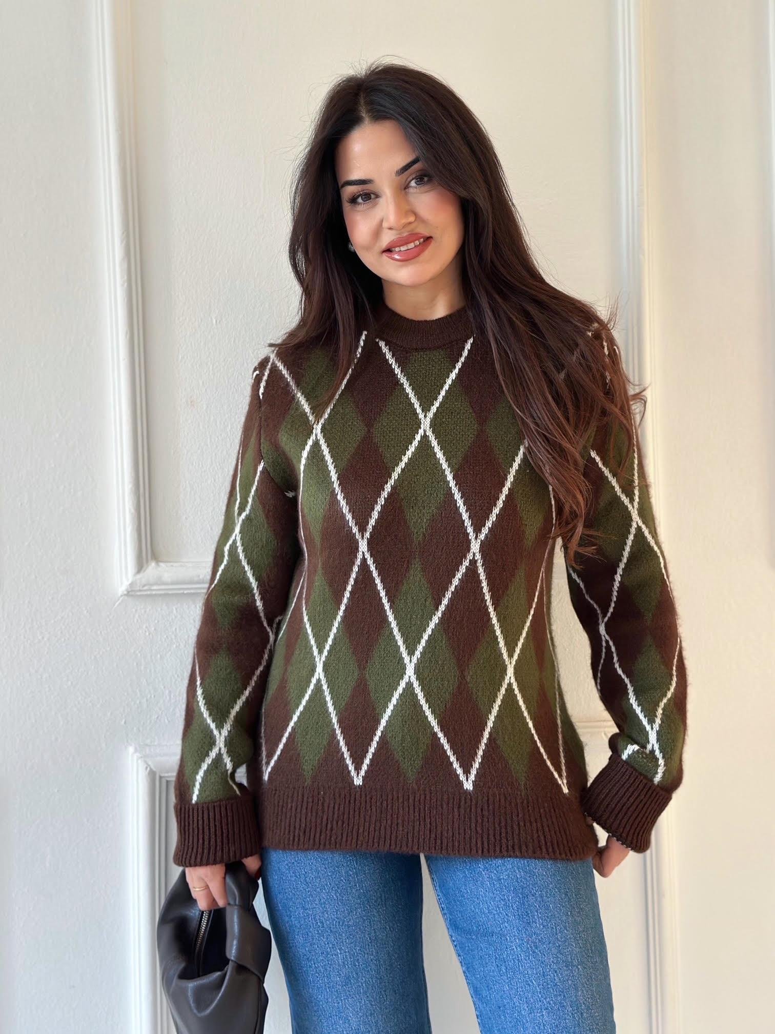 Baklava Desen Premium Triko Kazak - Kahve