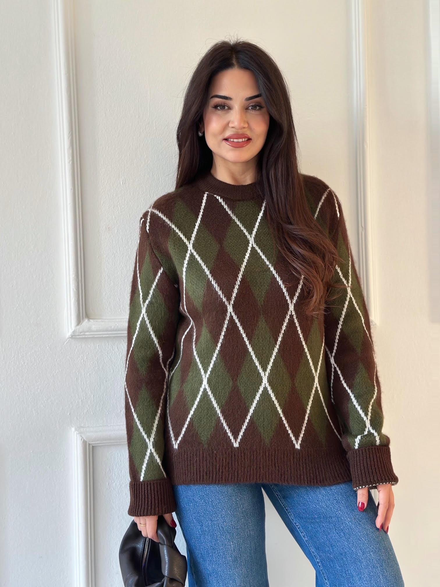 Baklava Desen Premium Triko Kazak - Kahve