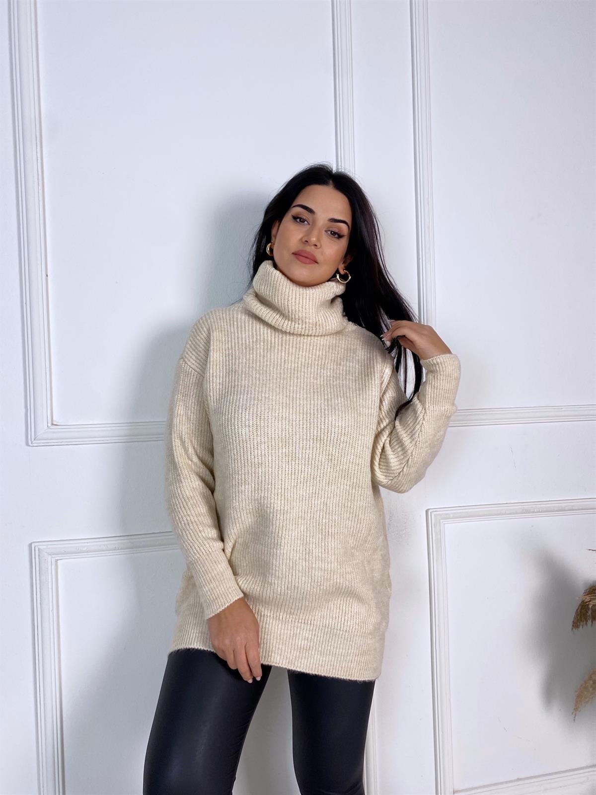 Bej Selanik Örgü Boğazlı Kazak