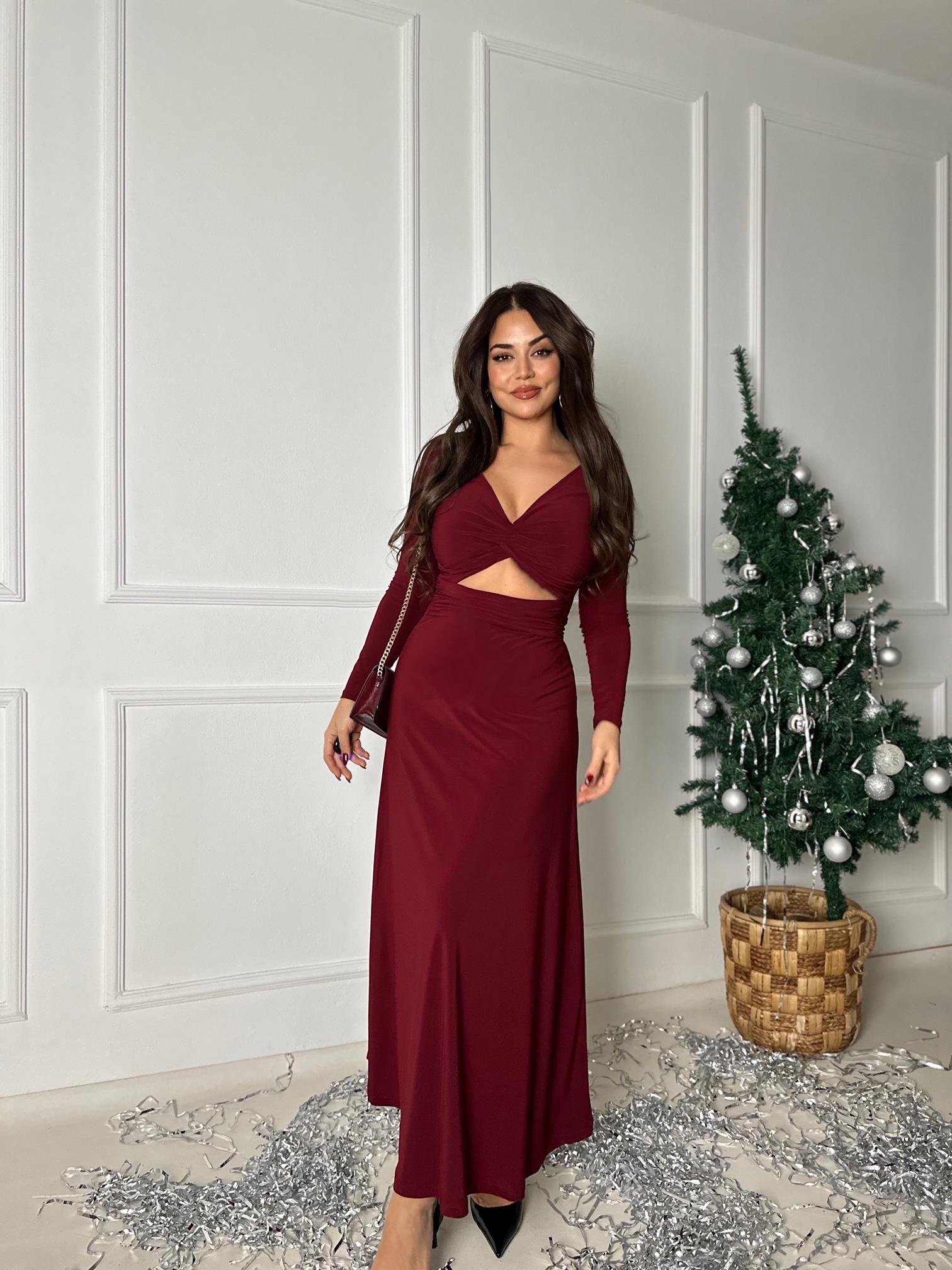 Bel Dekolte Detaylı Uzun Kol V Yaka Bordo Maksi Elbise