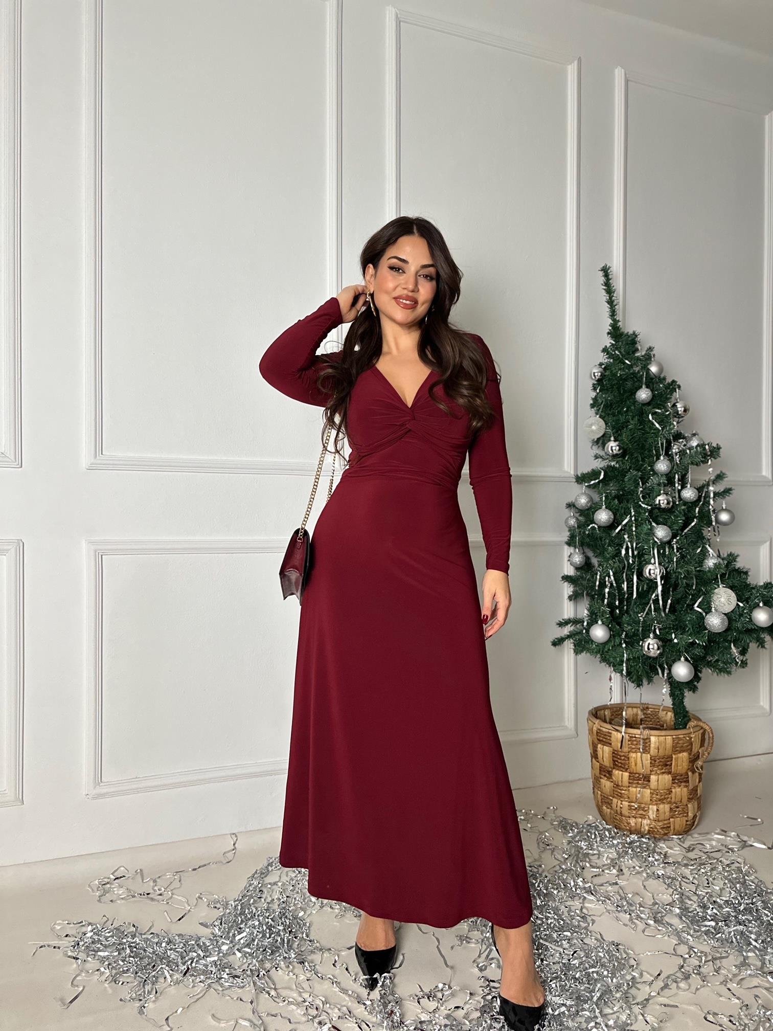 Bel Dekolte Detaylı Uzun Kol V Yaka Bordo Maksi Elbise