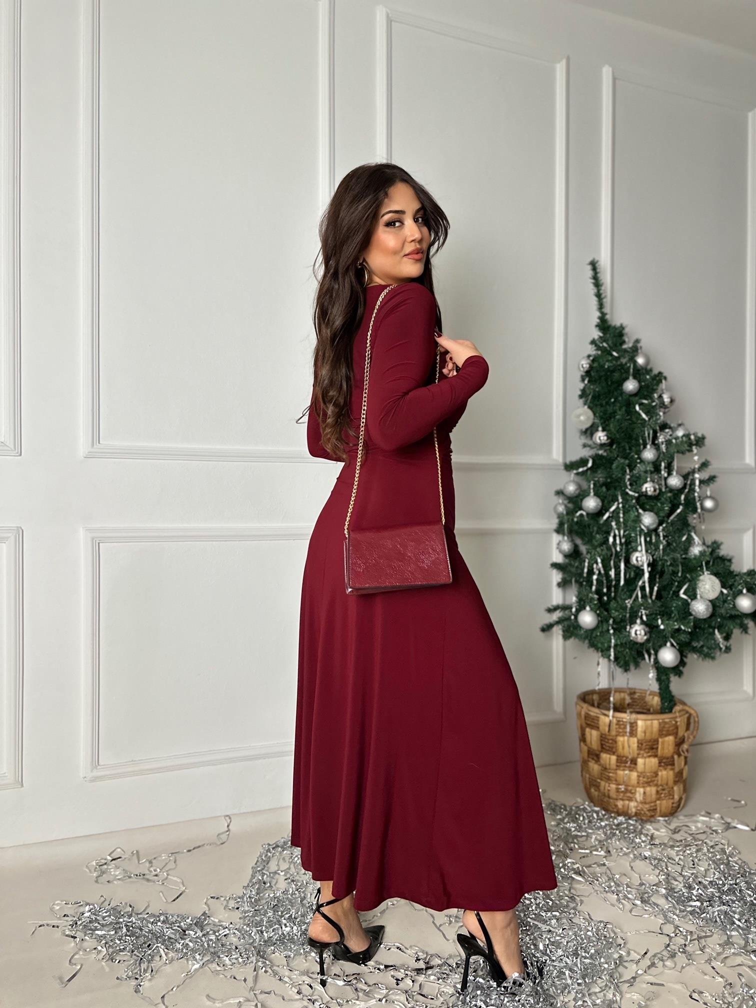 Bel Dekolte Detaylı Uzun Kol V Yaka Bordo Maksi Elbise