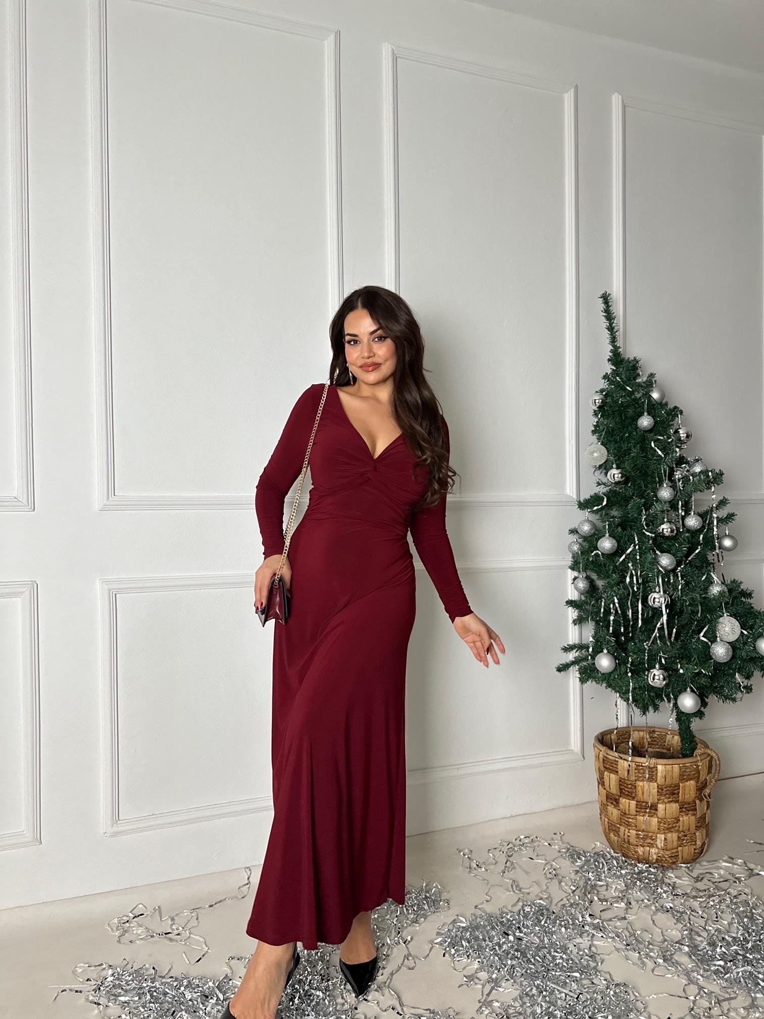 Bel Dekolte Detaylı Uzun Kol V Yaka Bordo Maksi Elbise