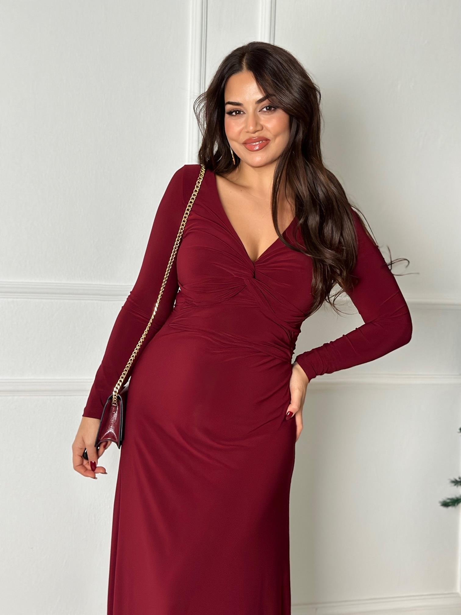 Bel Dekolte Detaylı Uzun Kol V Yaka Bordo Maksi Elbise