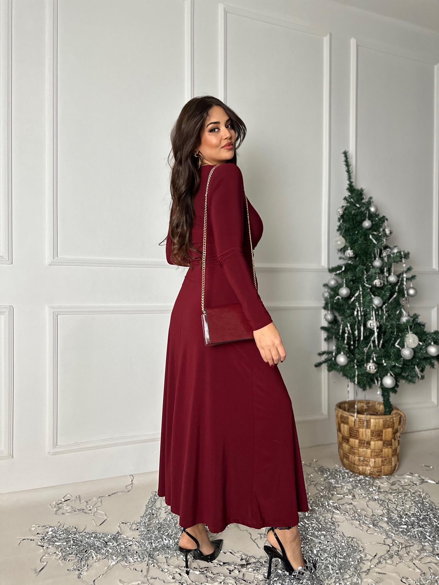 Bel Dekolte Detaylı Uzun Kol V Yaka Bordo Maksi Elbise
