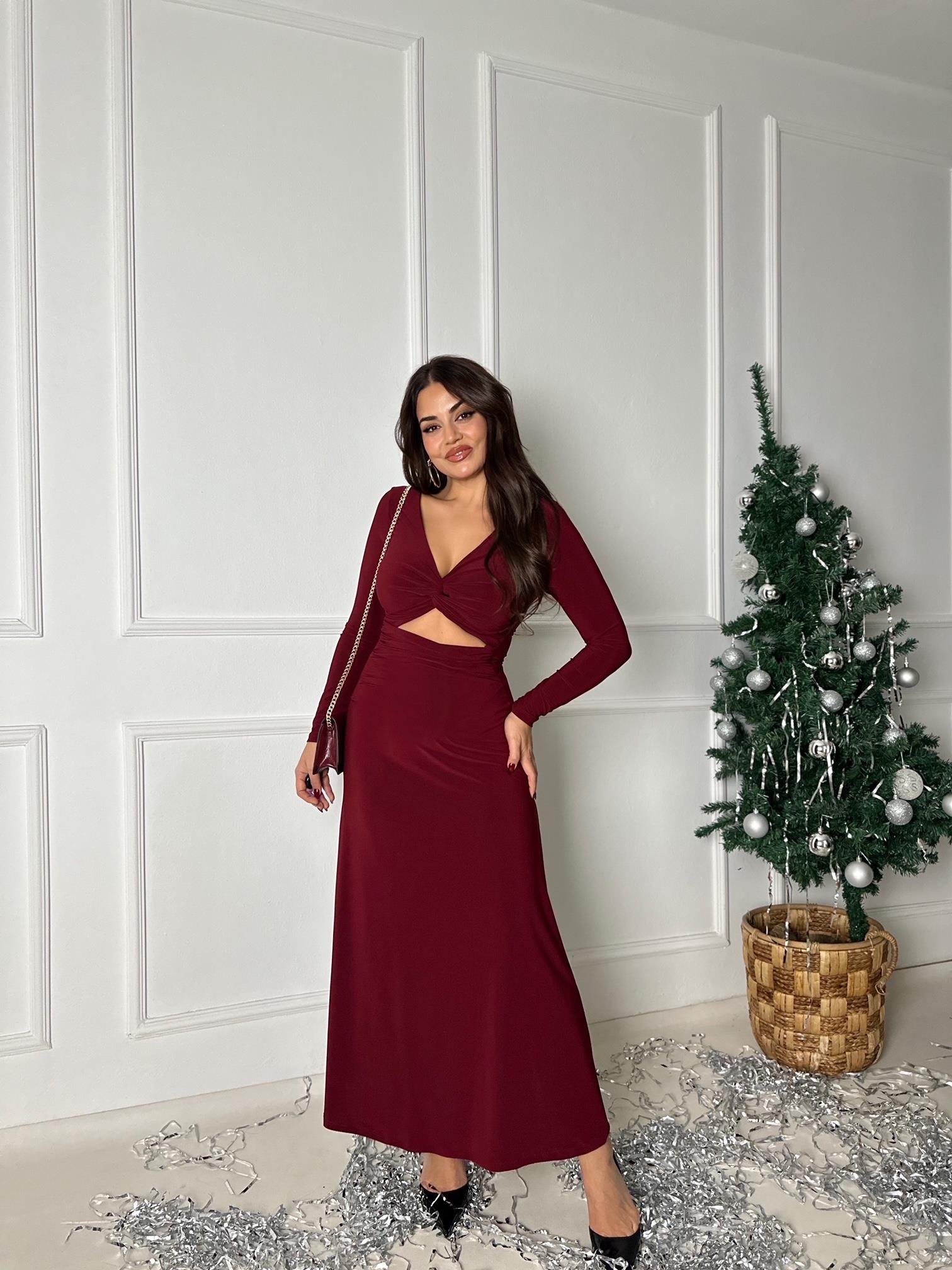 Bel Dekolte Detaylı Uzun Kol V Yaka Bordo Maksi Elbise
