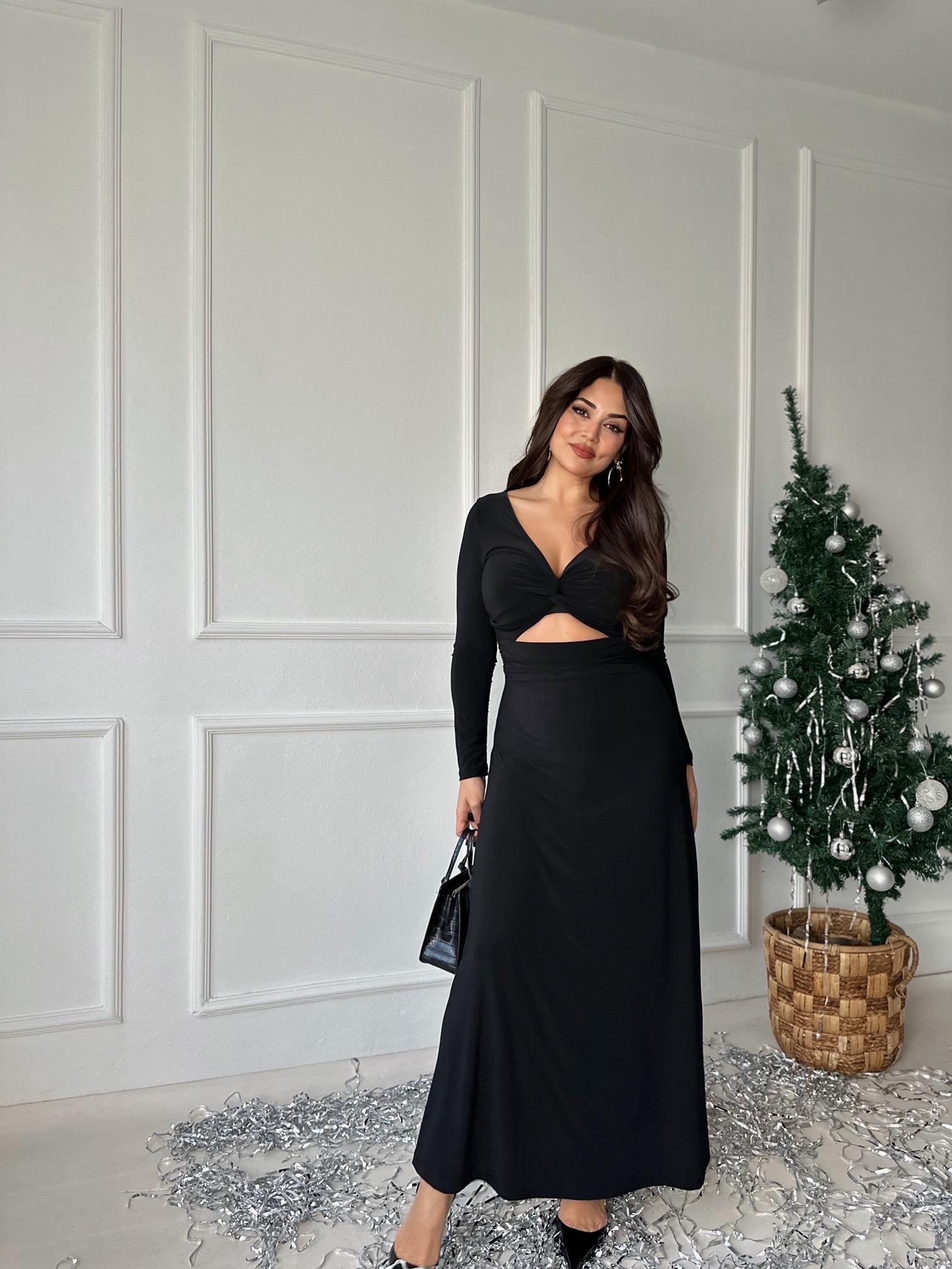 Bel Dekolte Detaylı Uzun Kol V Yaka Siyah Maksi Elbise