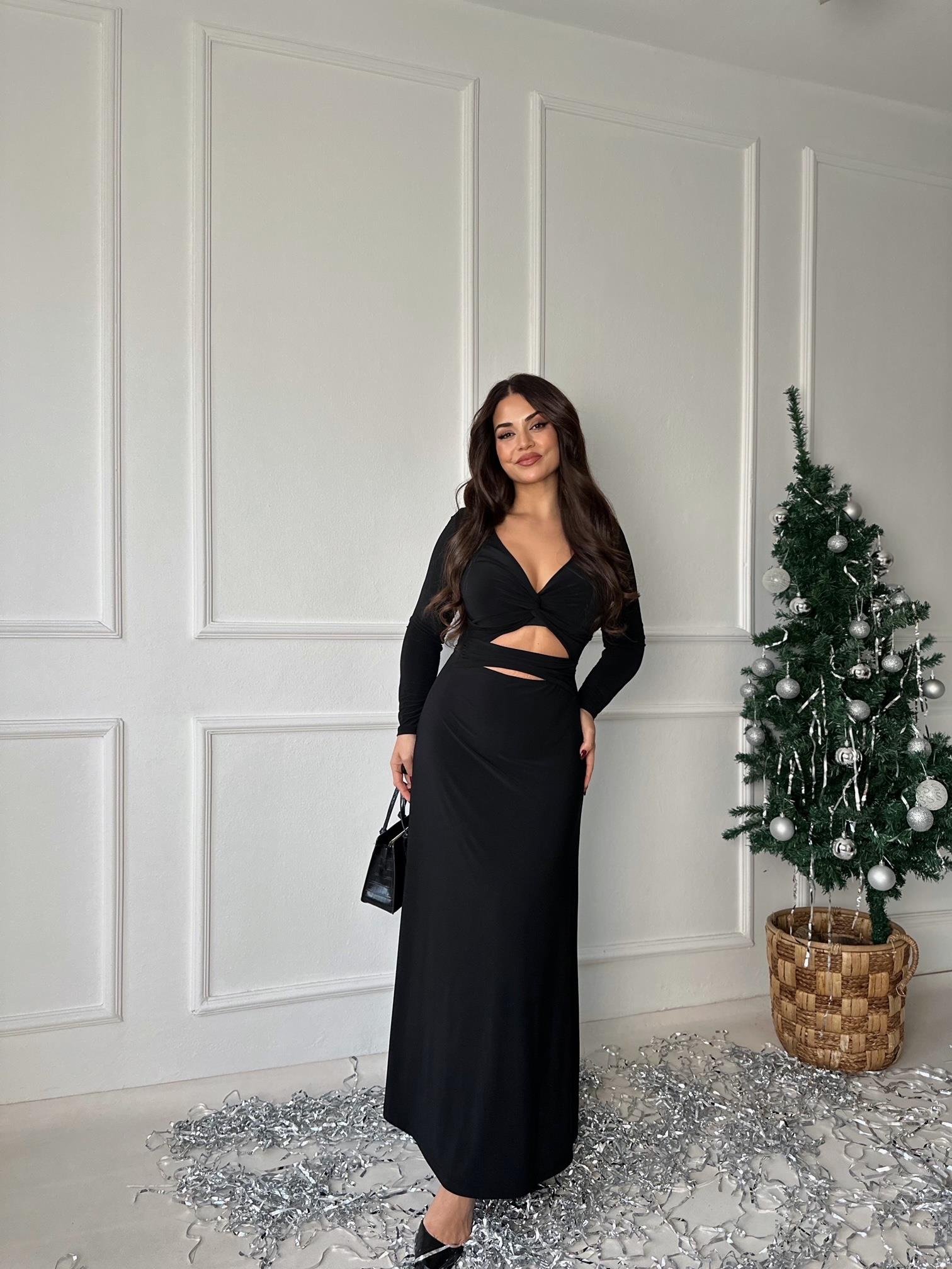 Bel Dekolte Detaylı Uzun Kol V Yaka Siyah Maksi Elbise