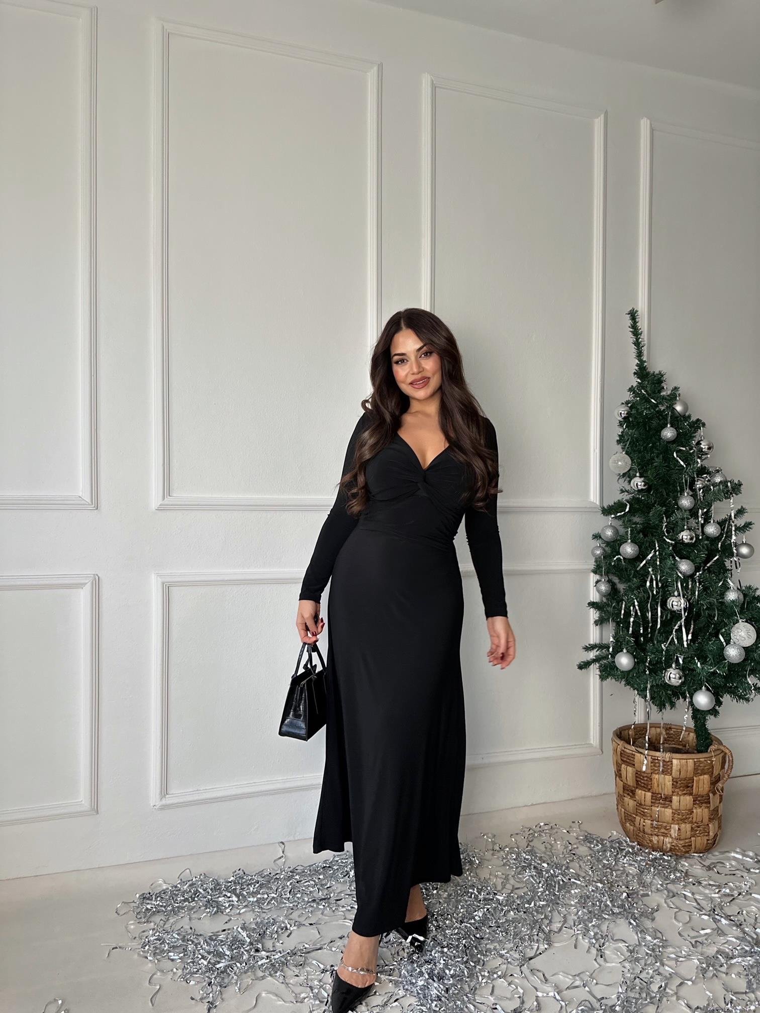 Bel Dekolte Detaylı Uzun Kol V Yaka Siyah Maksi Elbise