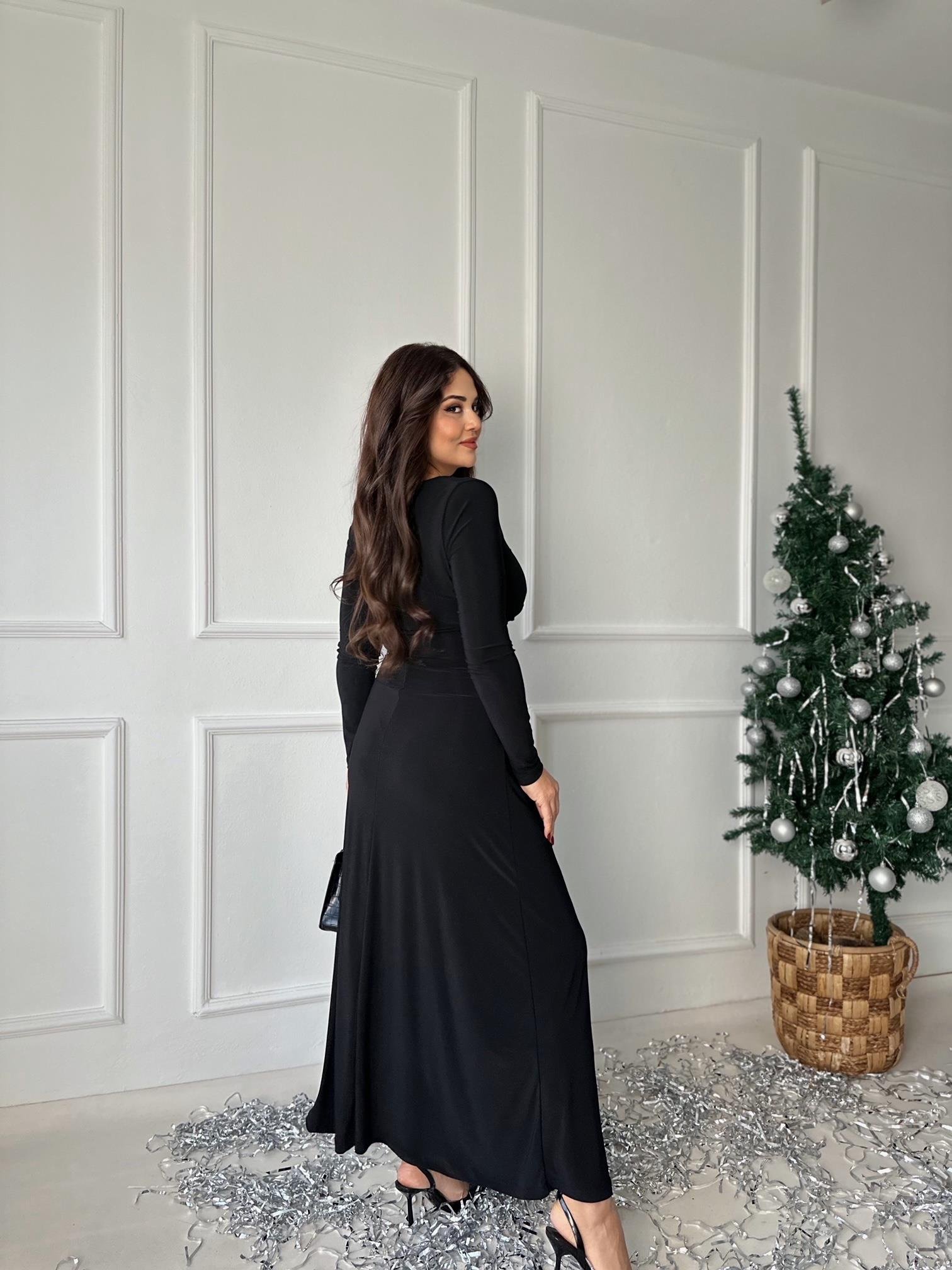 Bel Dekolte Detaylı Uzun Kol V Yaka Siyah Maksi Elbise