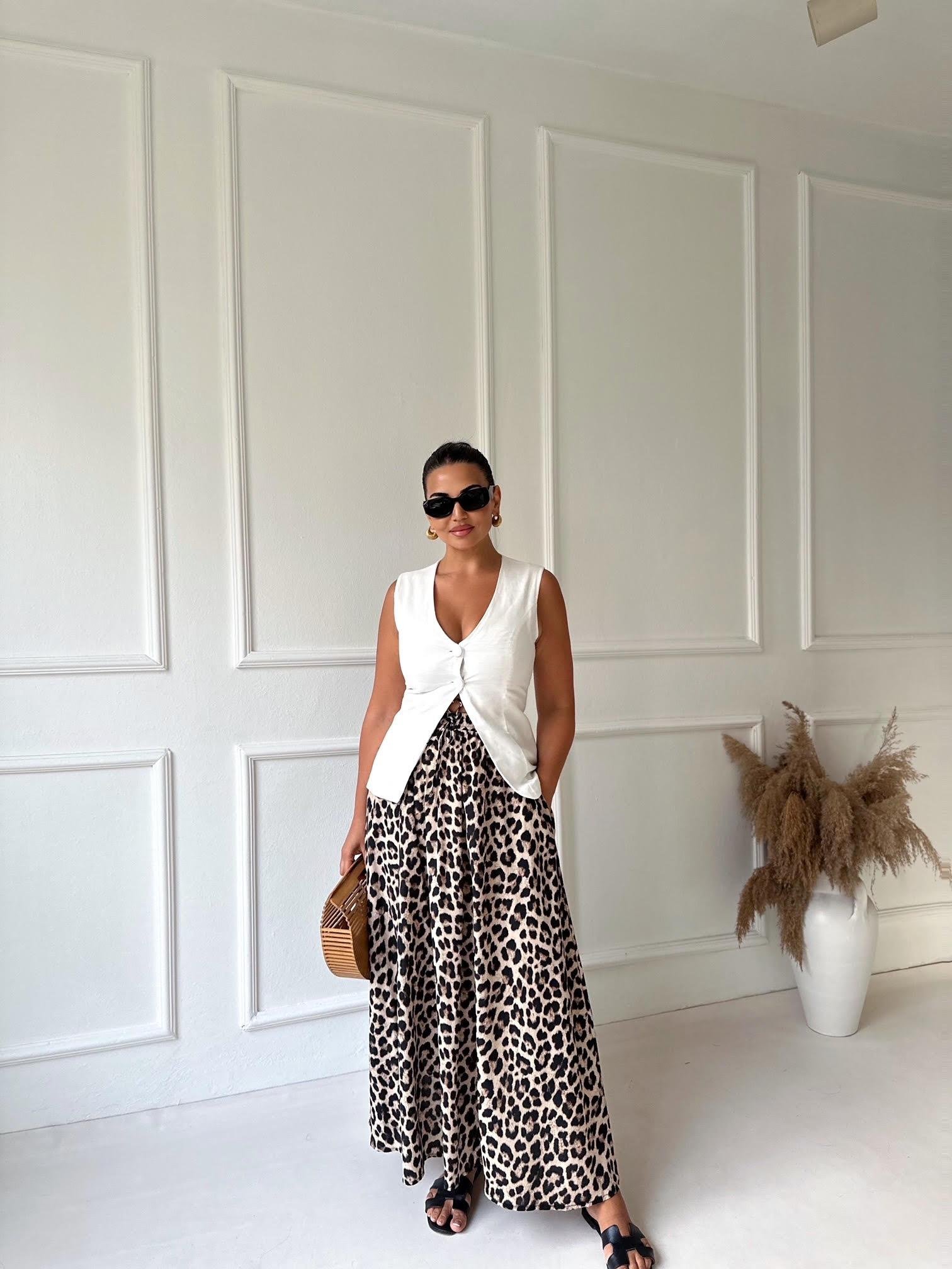 Beli Lastikli Leopar Desen Kloş Etek