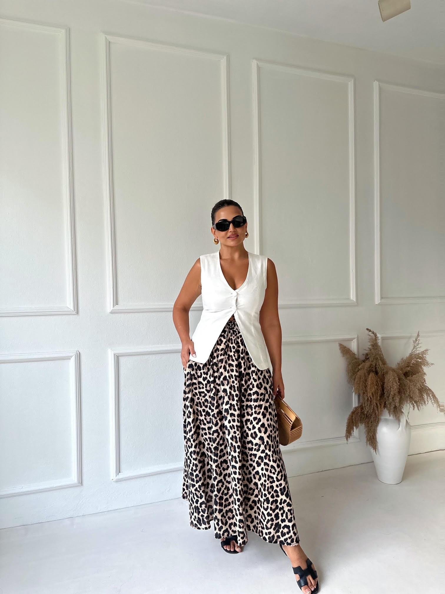 Beli Lastikli Leopar Desen Kloş Etek