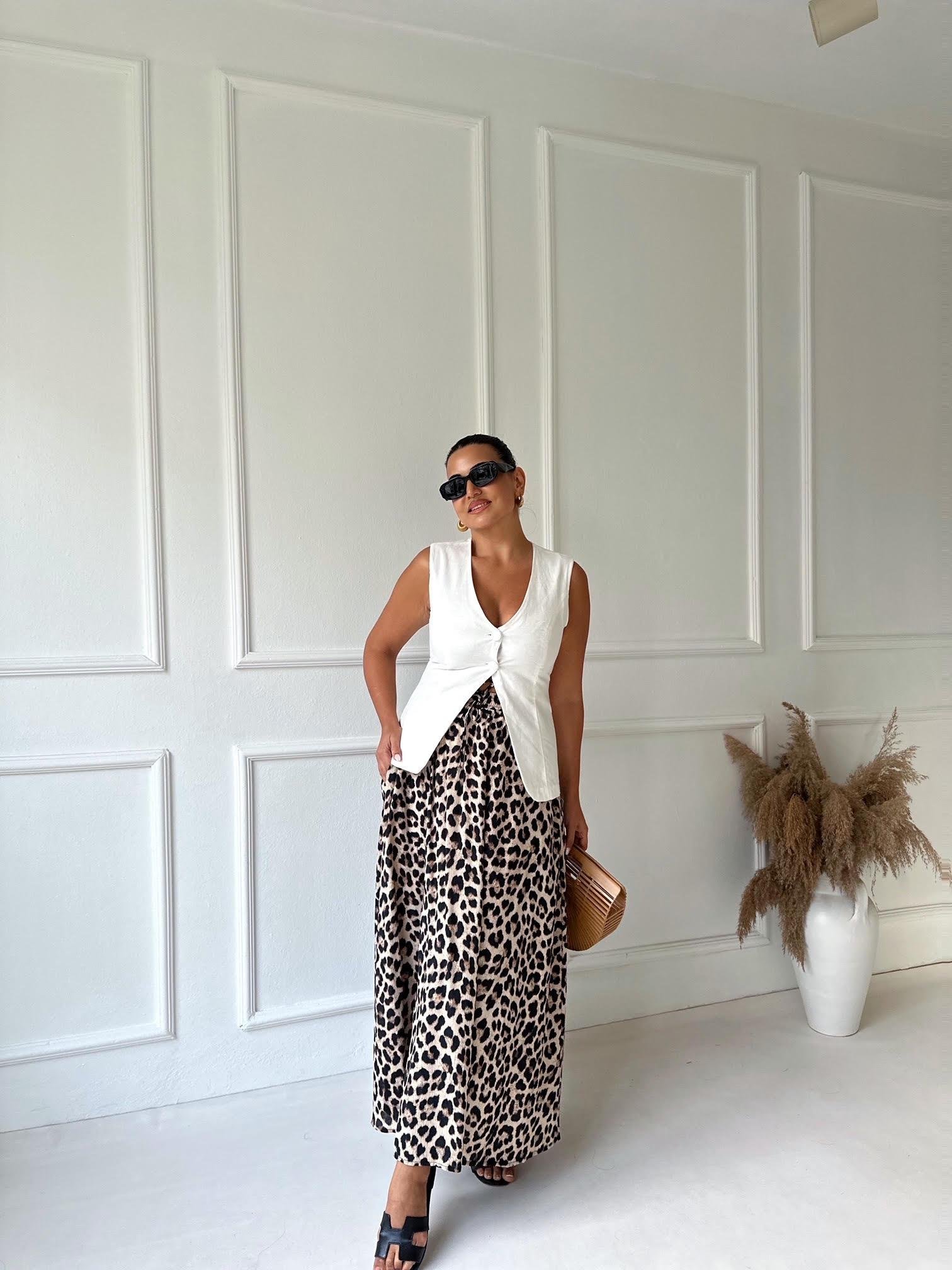 Beli Lastikli Leopar Desen Kloş Etek