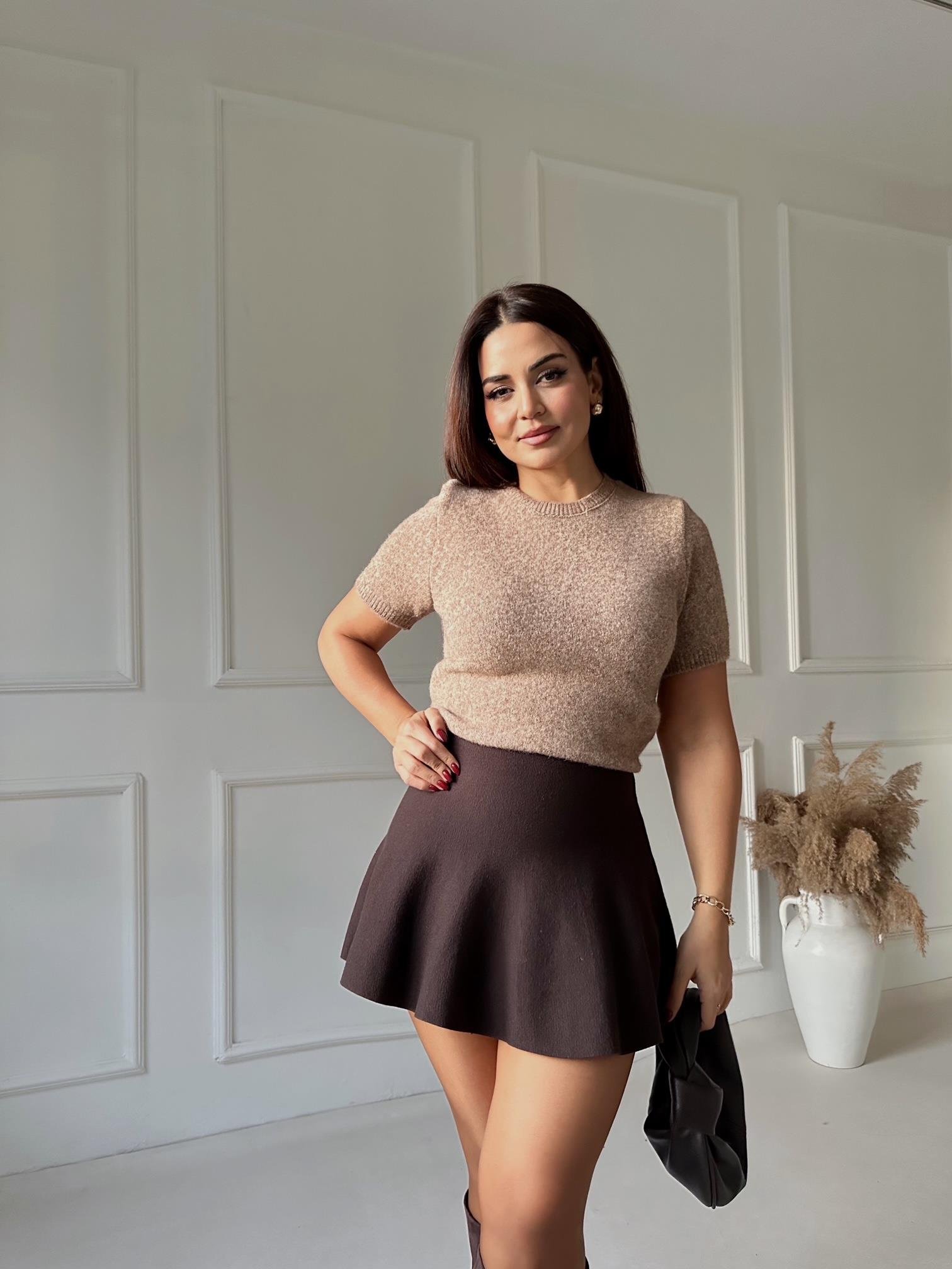 Beli Lastikli Volanlı Triko Etek-Kahve