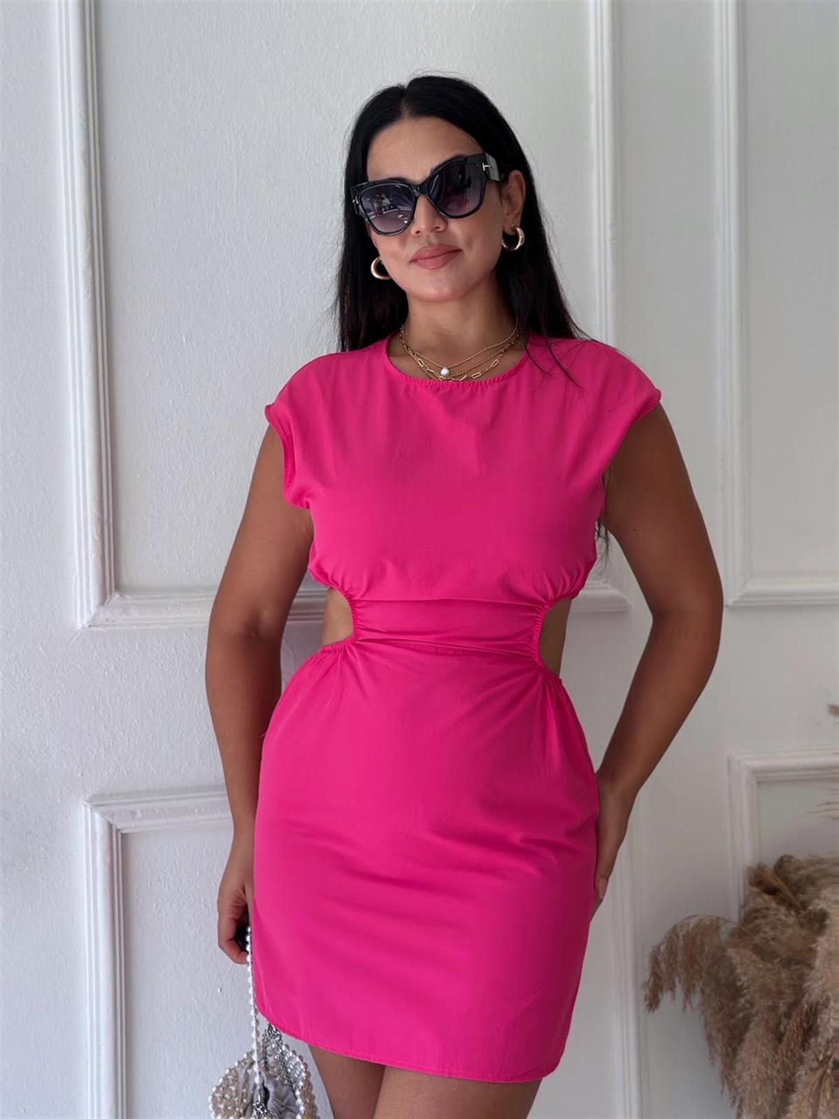 Beli Pencereli Mini Elbise Fuşya