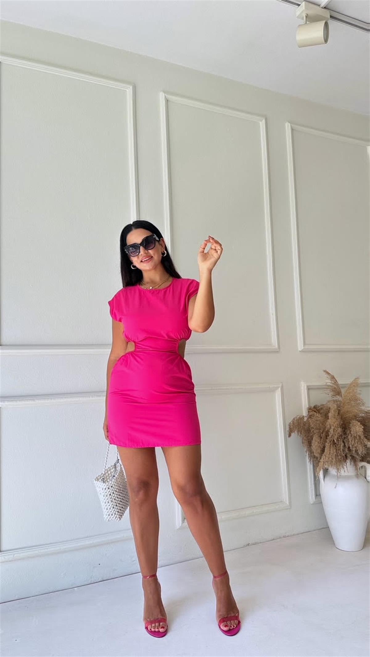 Beli Pencereli Mini Elbise Fuşya