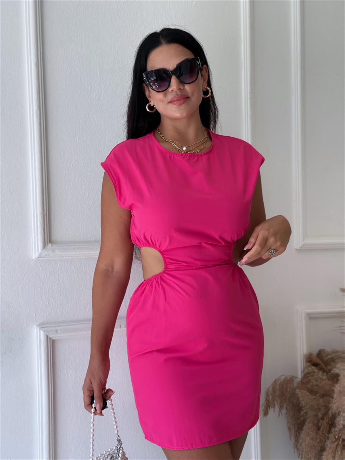 Beli Pencereli Mini Elbise Fuşya