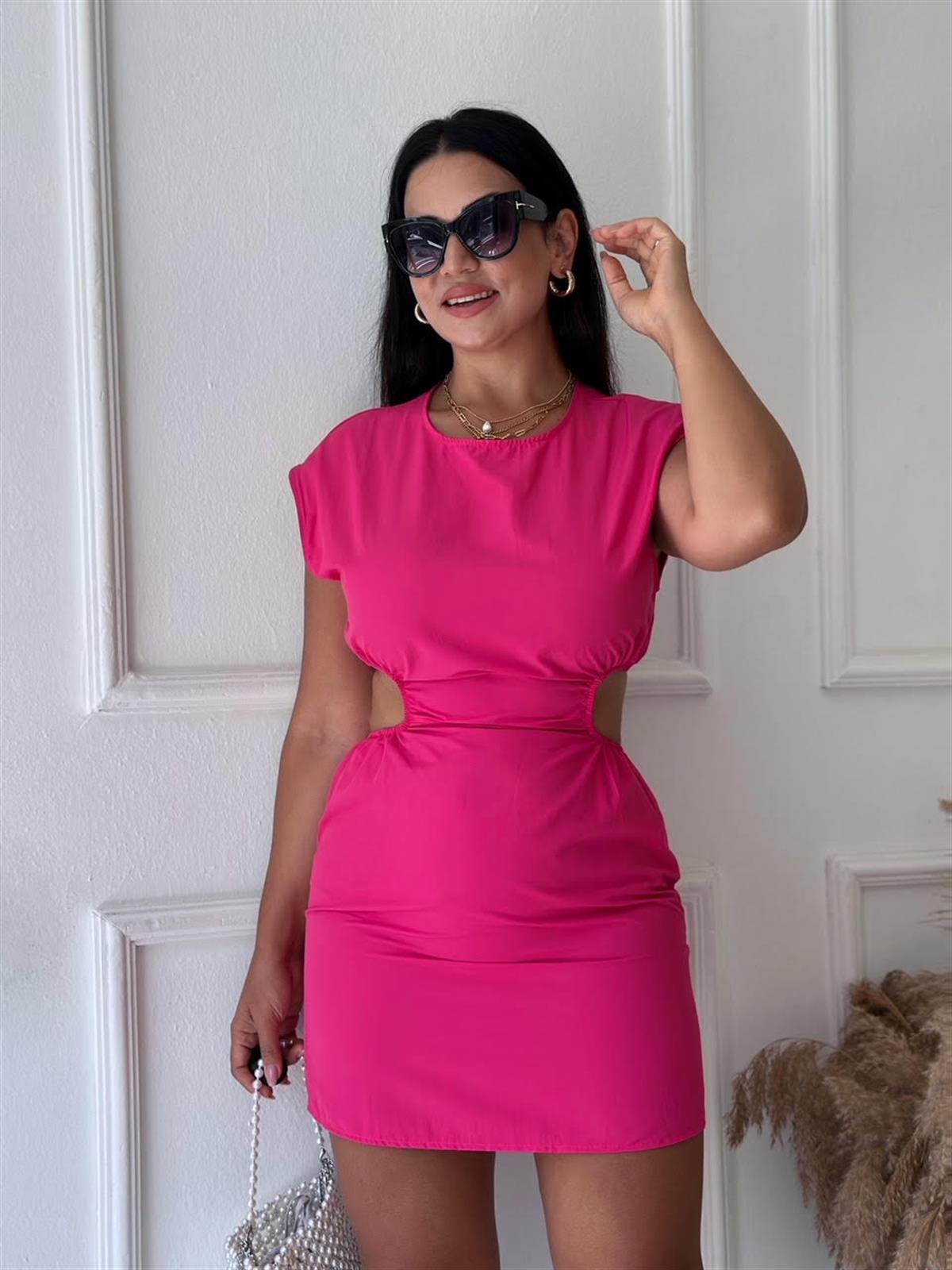 Beli Pencereli Mini Elbise Fuşya
