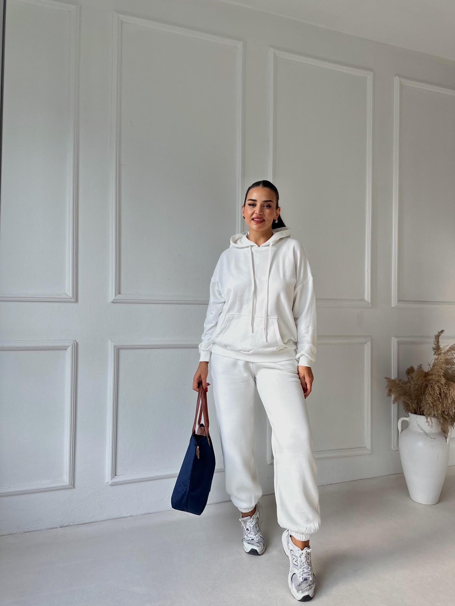 Beyaz Kapişonlu Sweat