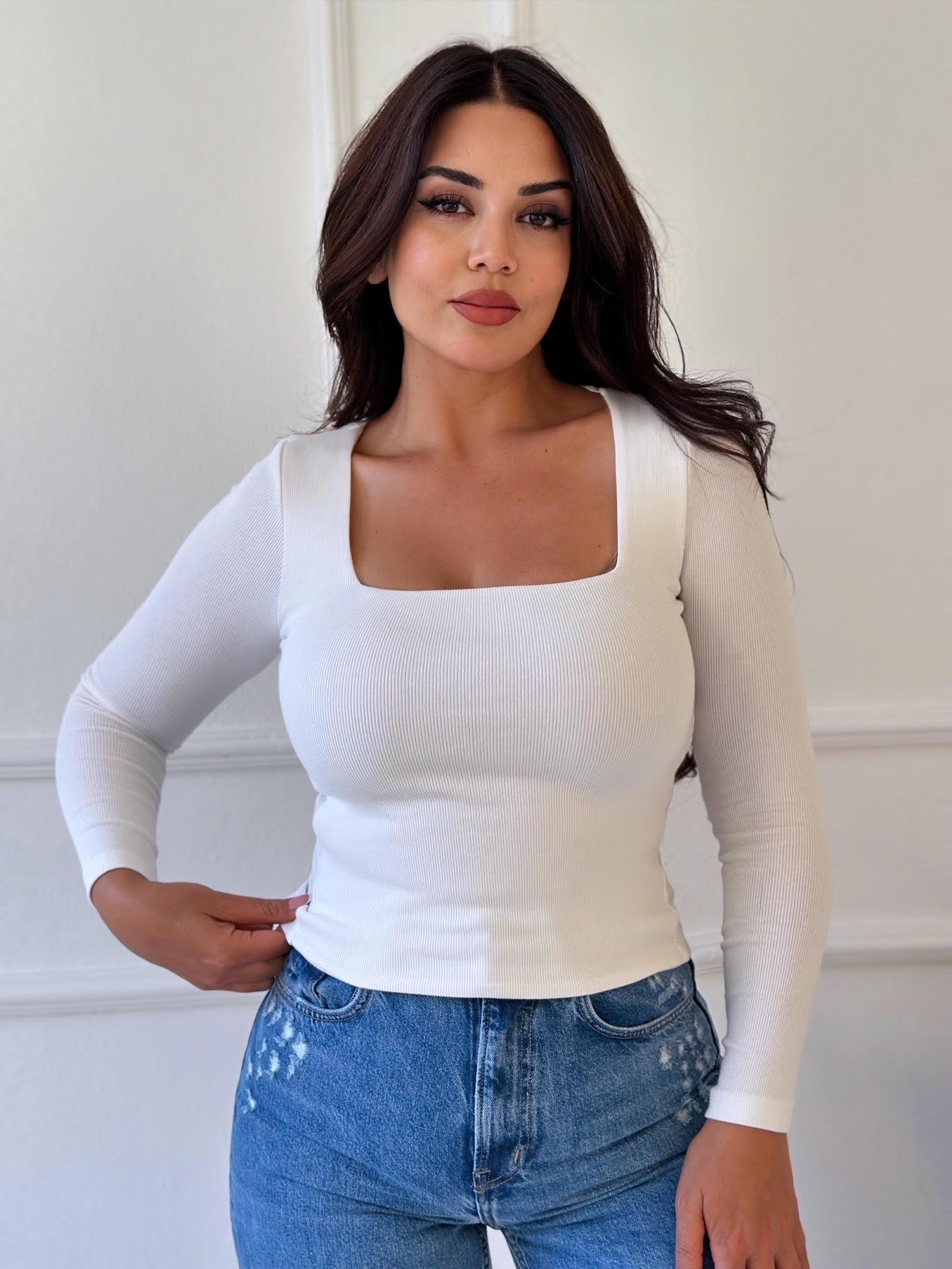 Beyaz Kare Yaka Pamuklu Basic Bluz