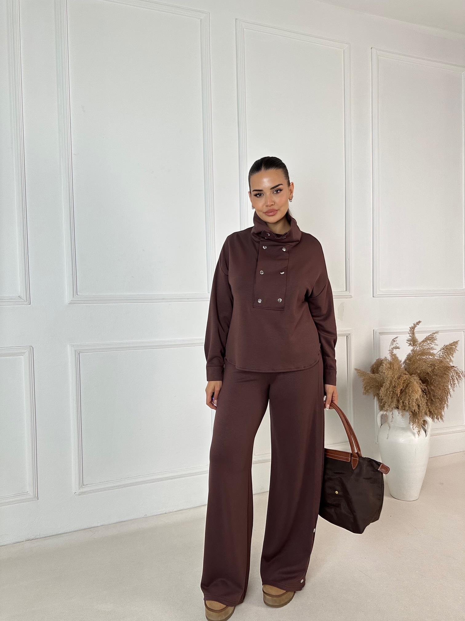 Çift Çıtçıt Detaylı Spor Şık Takım - Kahve