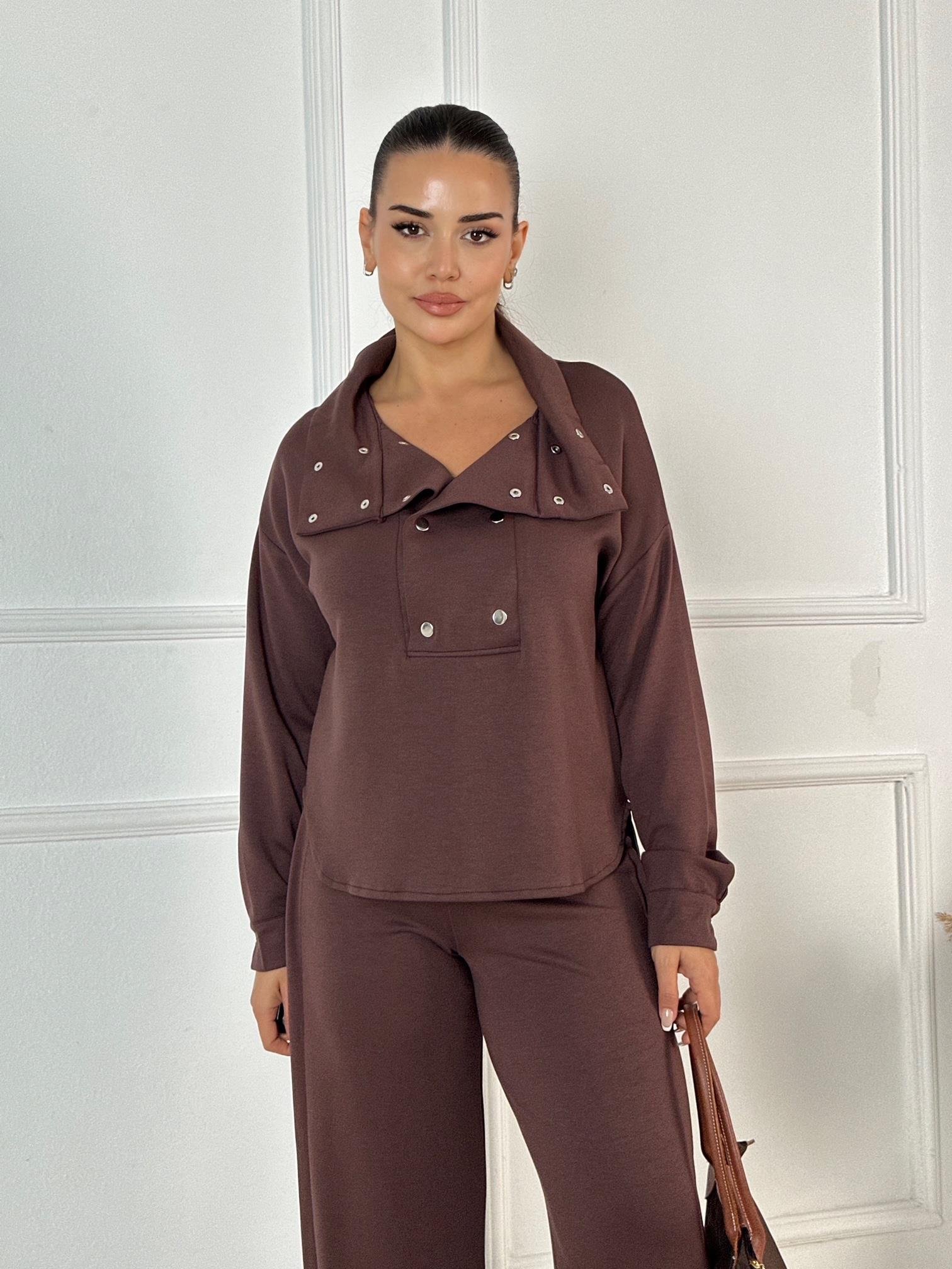 Çift Çıtçıt Detaylı Spor Şık Takım - Kahve