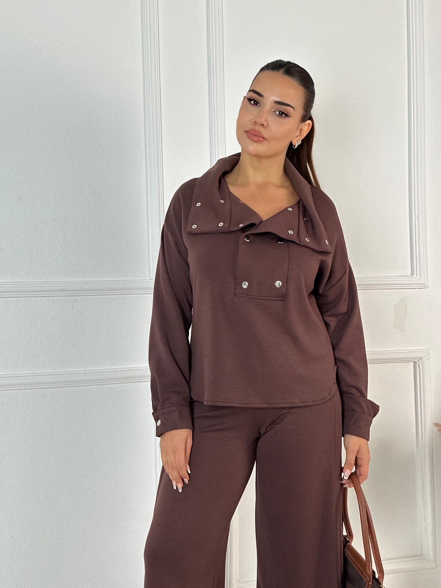 Çift Çıtçıt Detaylı Spor Şık Takım - Kahve