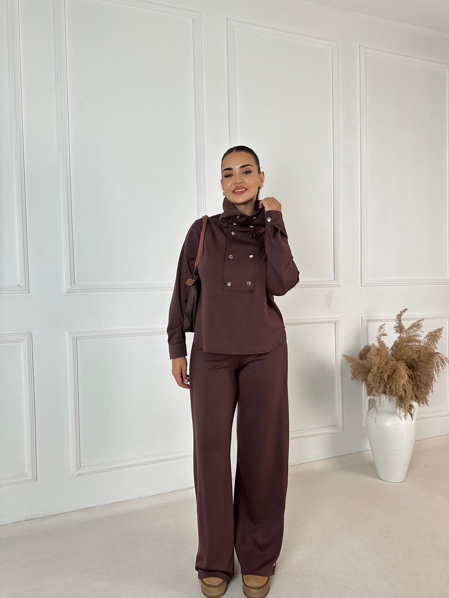 Çift Çıtçıt Detaylı Spor Şık Takım - Kahve