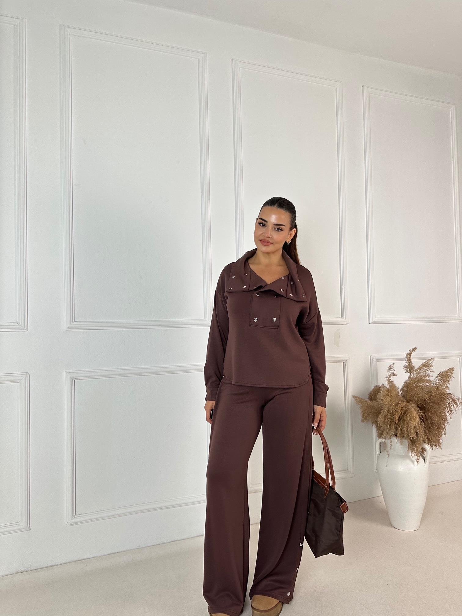 Çift Çıtçıt Detaylı Spor Şık Takım - Kahve