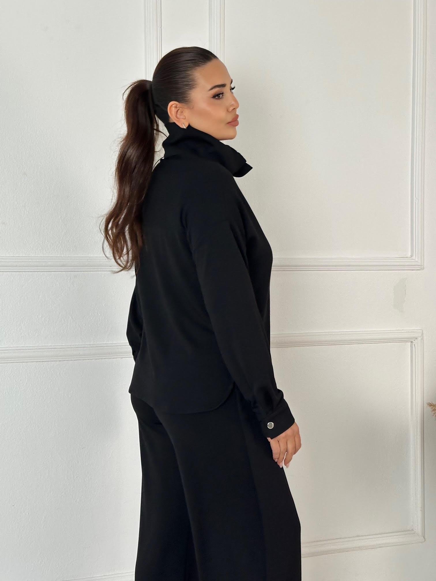 Çift Çıtçıt Detaylı Spor Şık Takım -Siyah