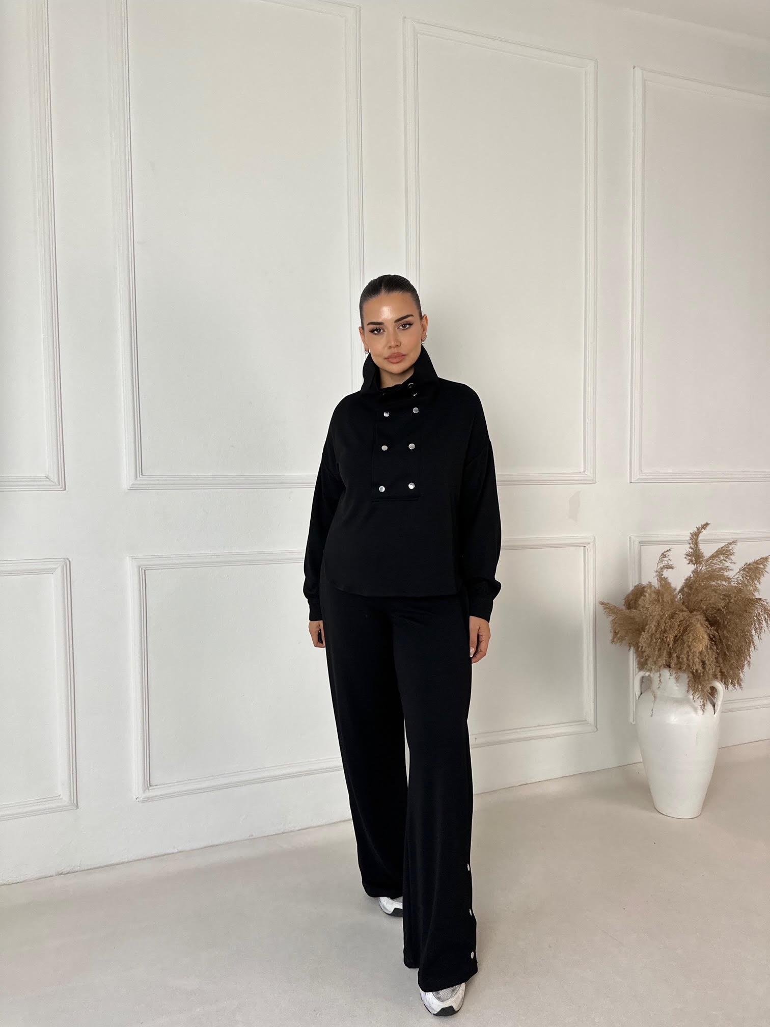 Çift Çıtçıt Detaylı Spor Şık Takım -Siyah