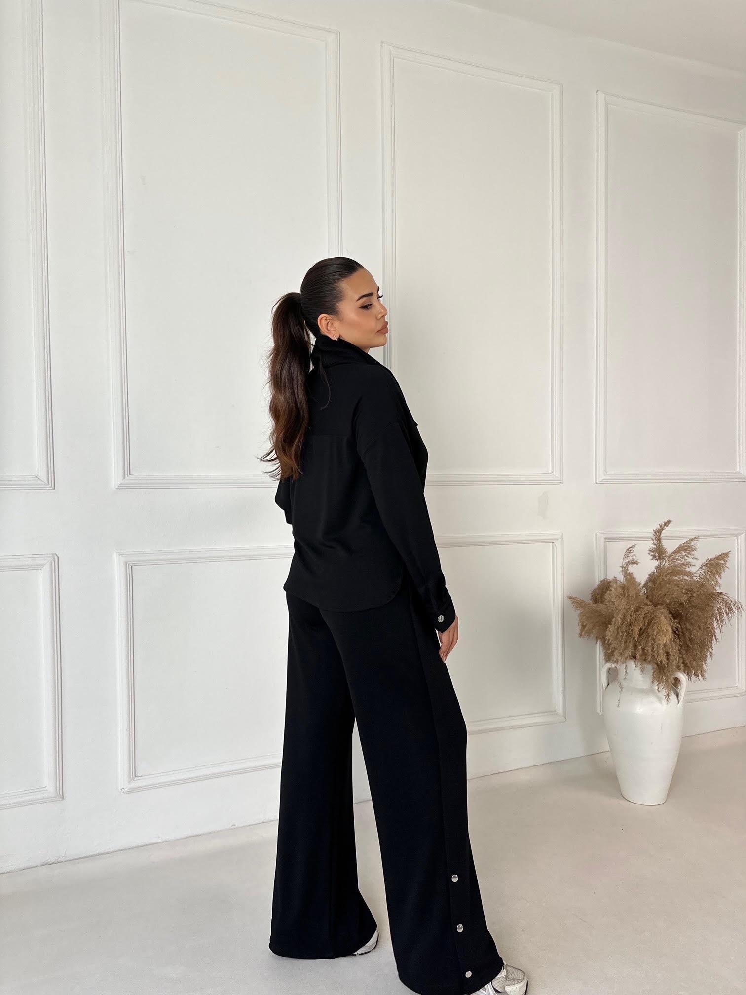 Çift Çıtçıt Detaylı Spor Şık Takım -Siyah