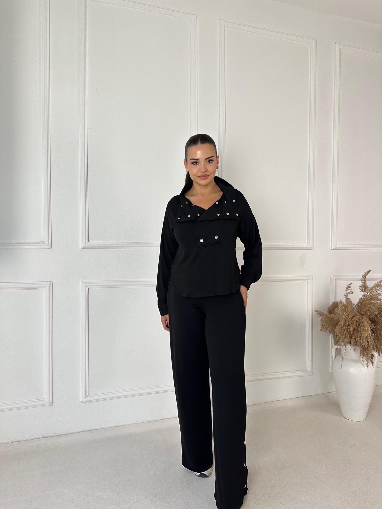 Çift Çıtçıt Detaylı Spor Şık Takım -Siyah