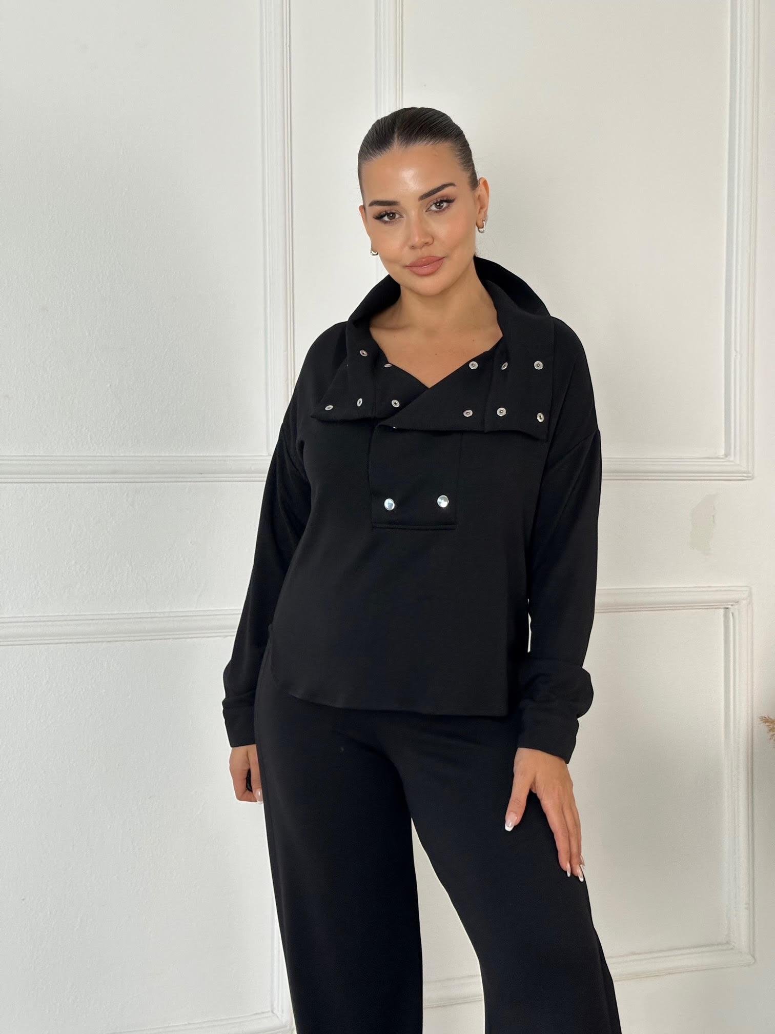 Çift Çıtçıt Detaylı Spor Şık Takım -Siyah