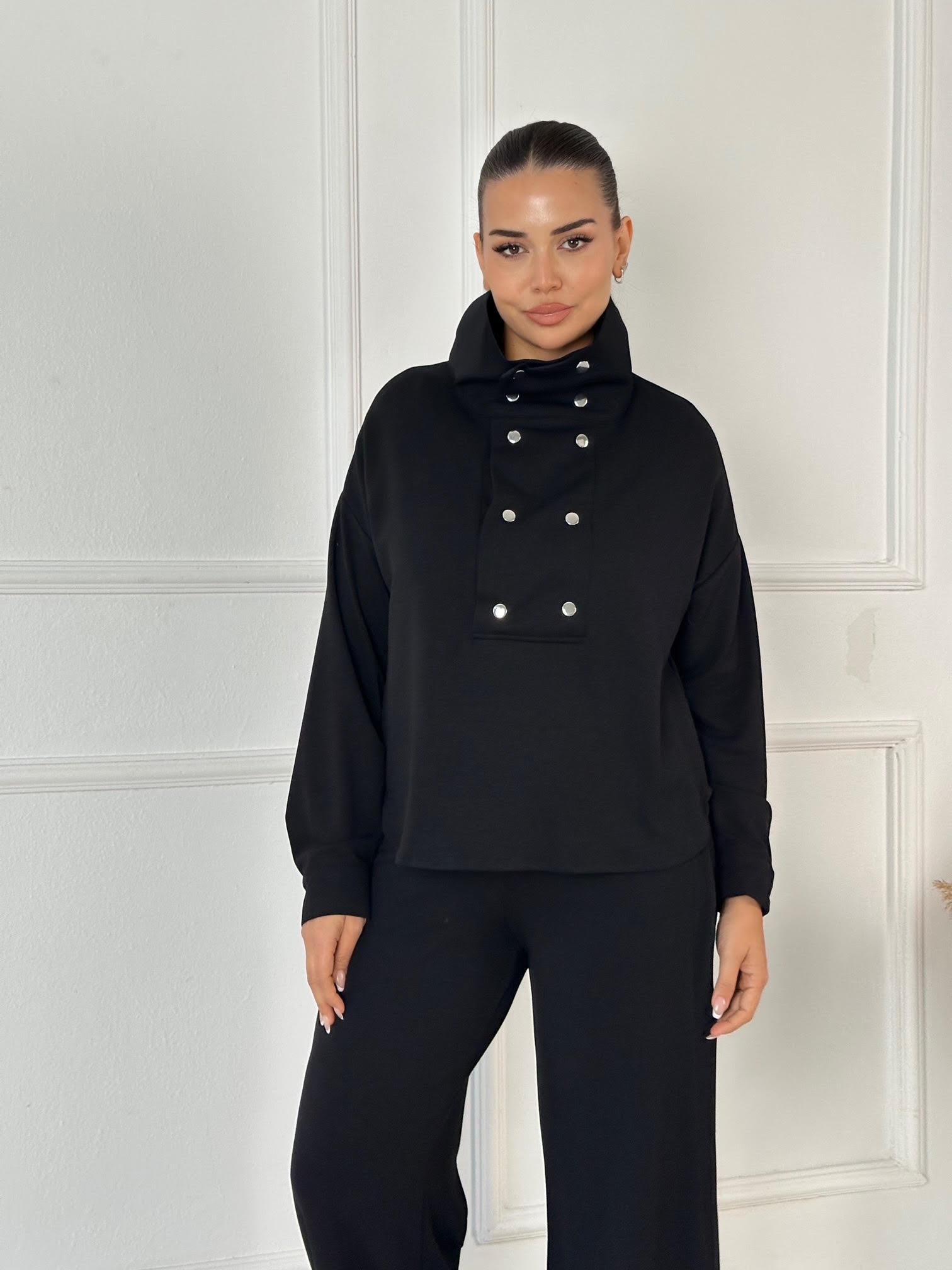 Çift Çıtçıt Detaylı Spor Şık Takım -Siyah