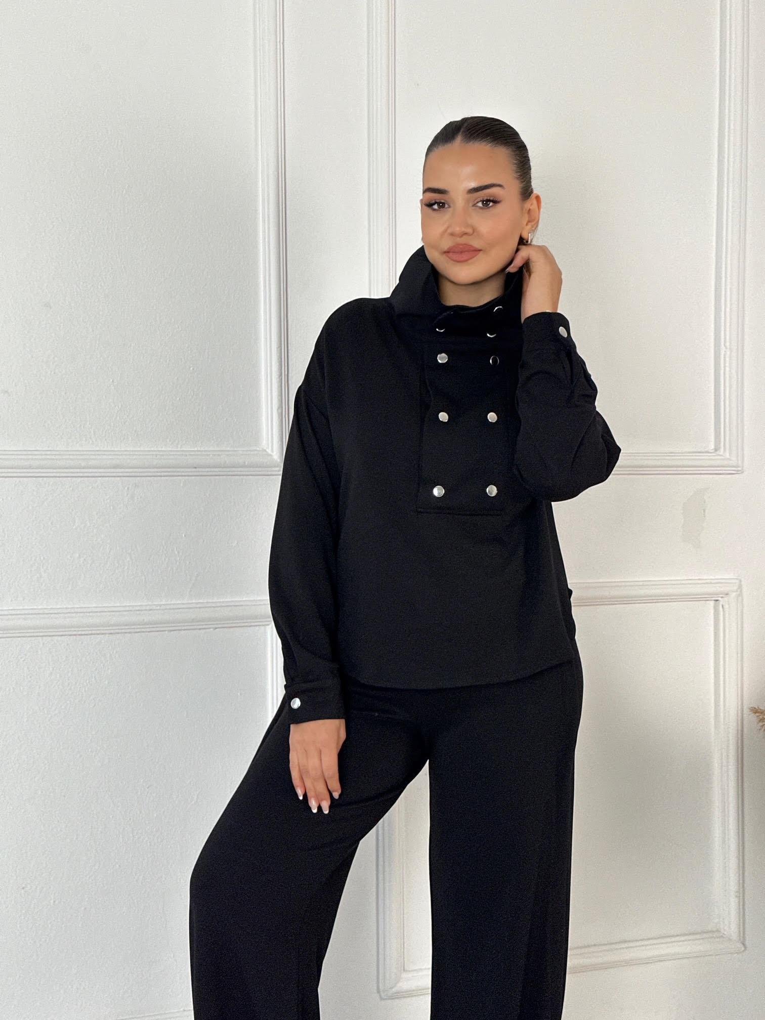 Çift Çıtçıt Detaylı Spor Şık Takım -Siyah