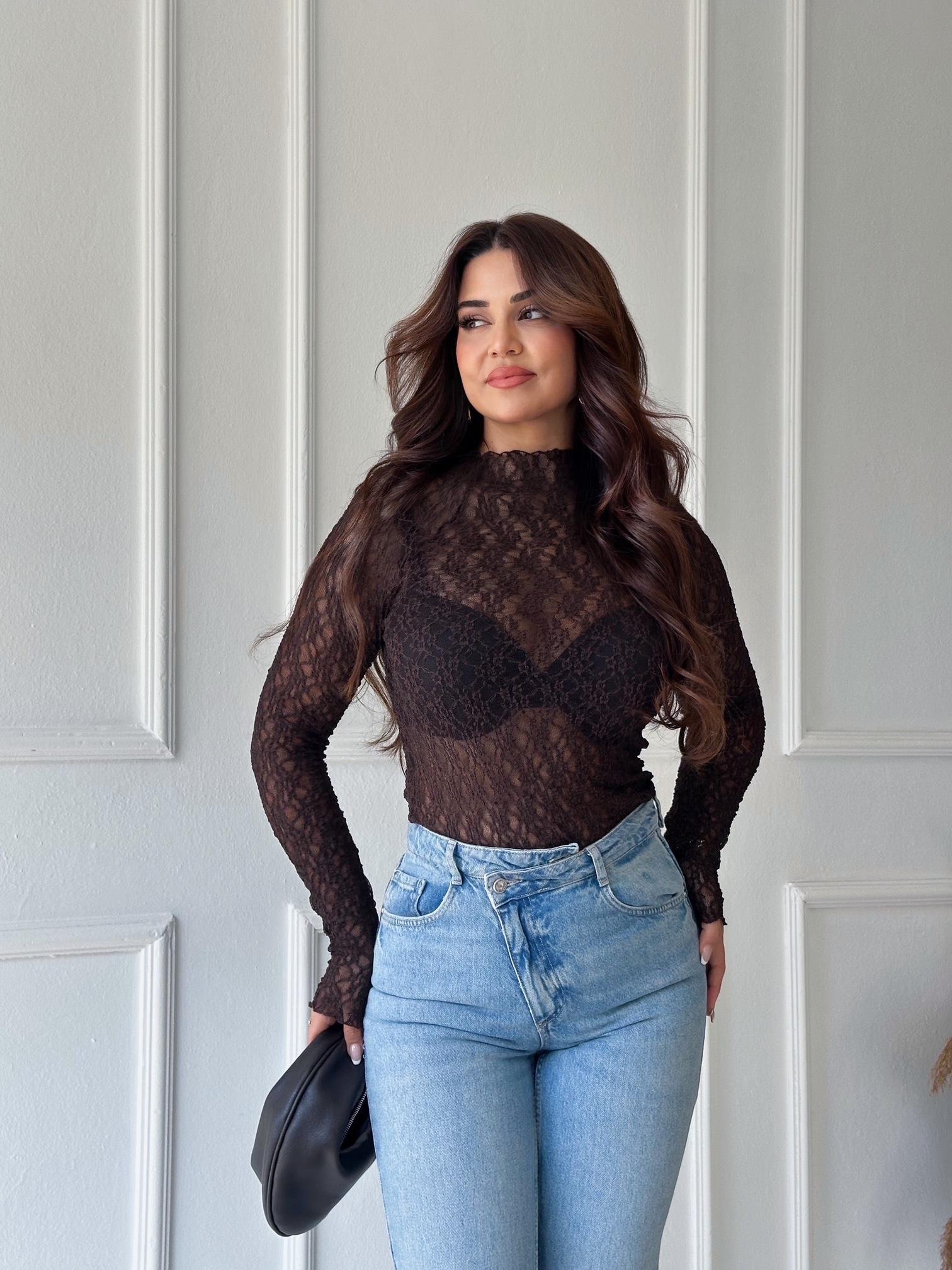Dantel Transparan Uzun Kol Bluz Kahve | Nora Butik