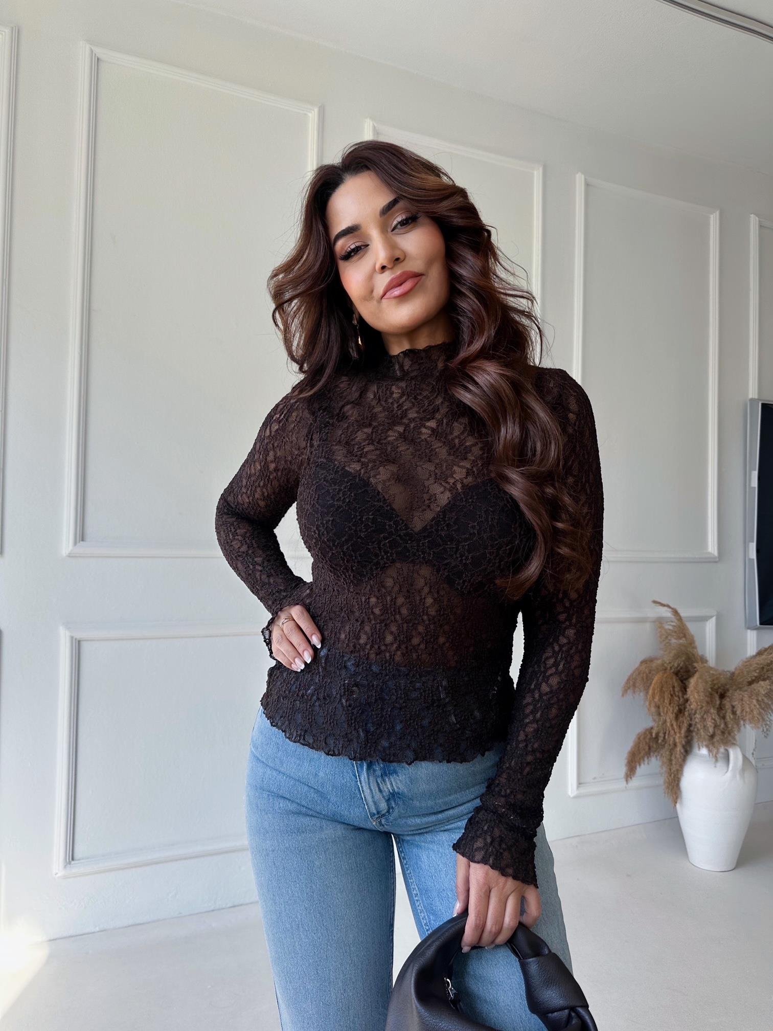 Dantel Transparan Uzun Kol Bluz Kahve | Nora Butik