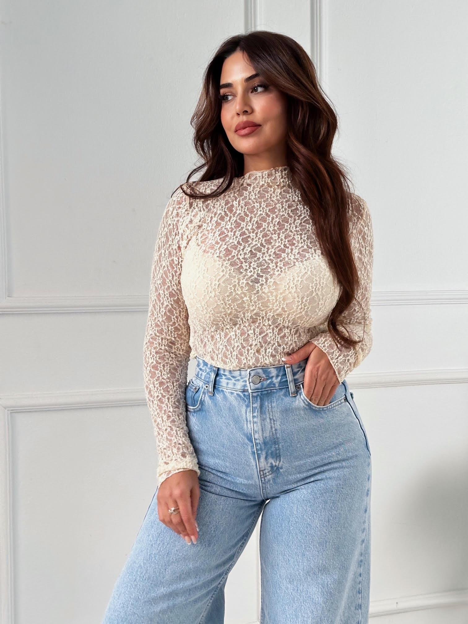 Dantel Transparan Uzun Kol Bluz | Nora Butik