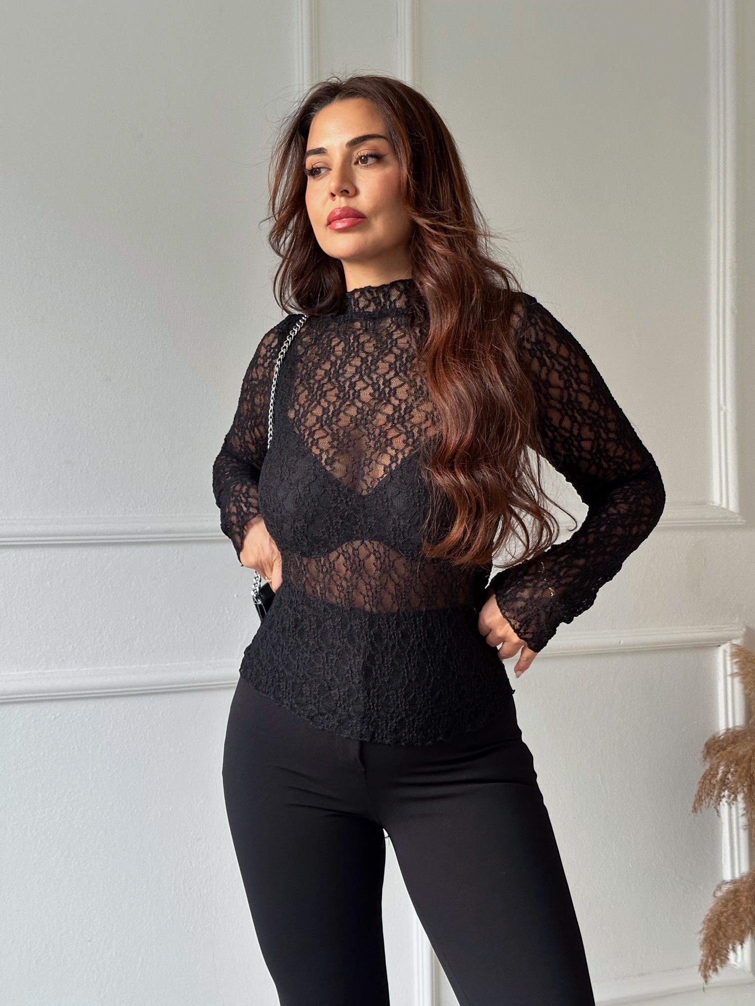 Dantel Transparan Uzun Kol Bluz Siyah | Nora Butik