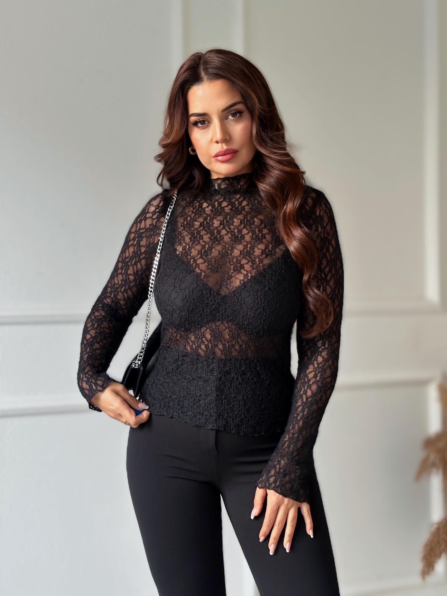 Dantel Transparan Uzun Kol Bluz Siyah | Nora Butik