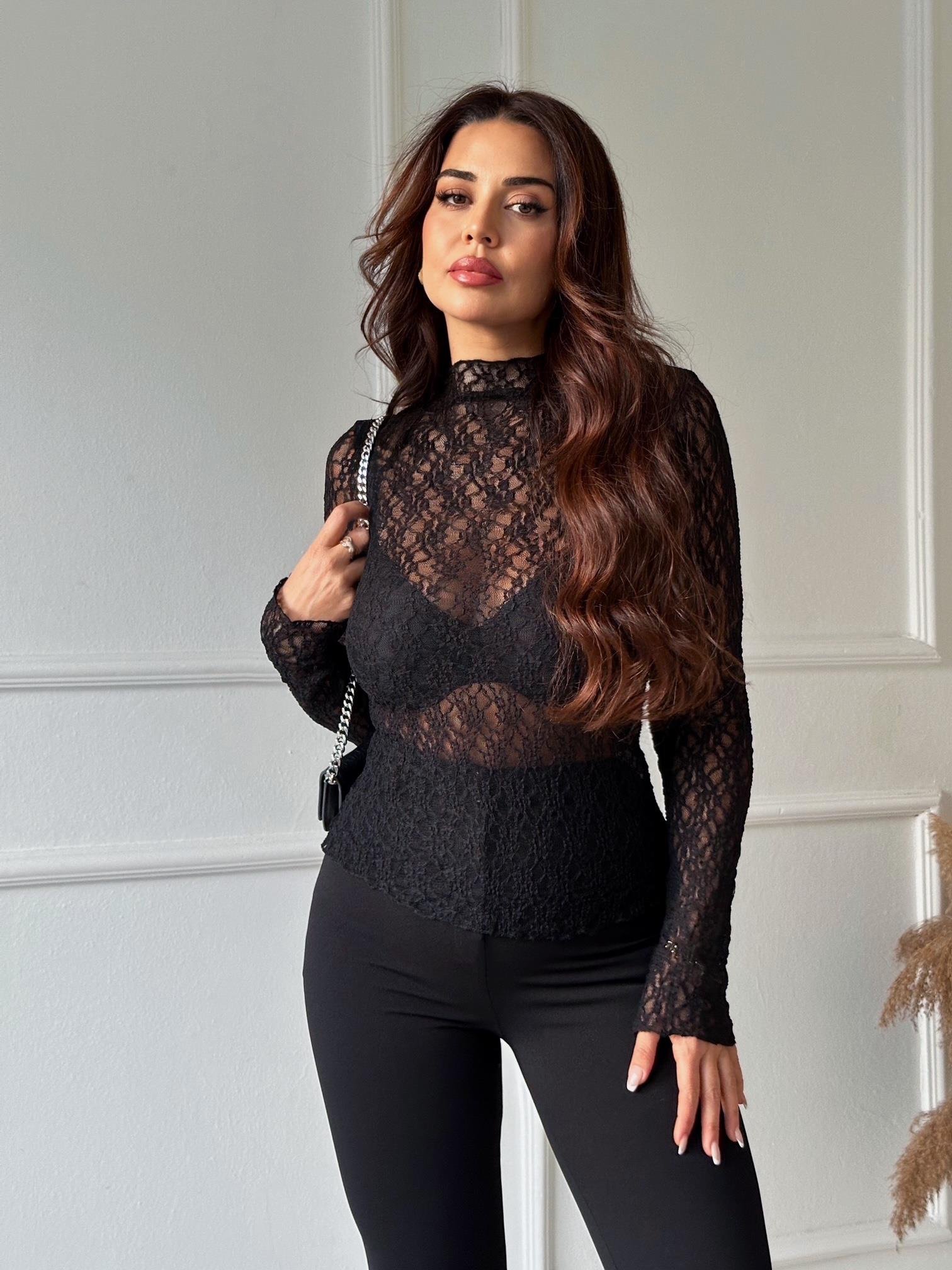 Dantel Transparan Uzun Kol Bluz Siyah | Nora Butik