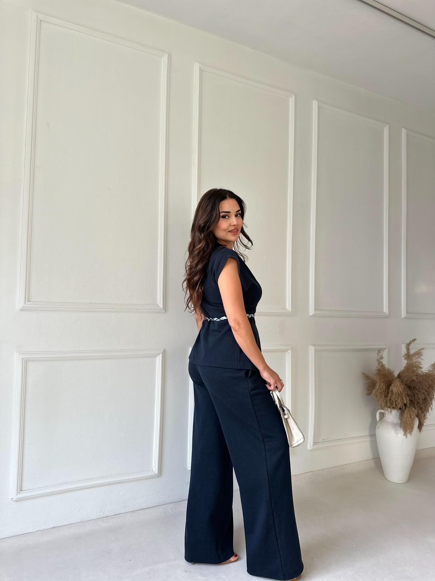 Denim Efekt Kruvaze Yaka Aksesuarlı Yelek Pantolon Takım