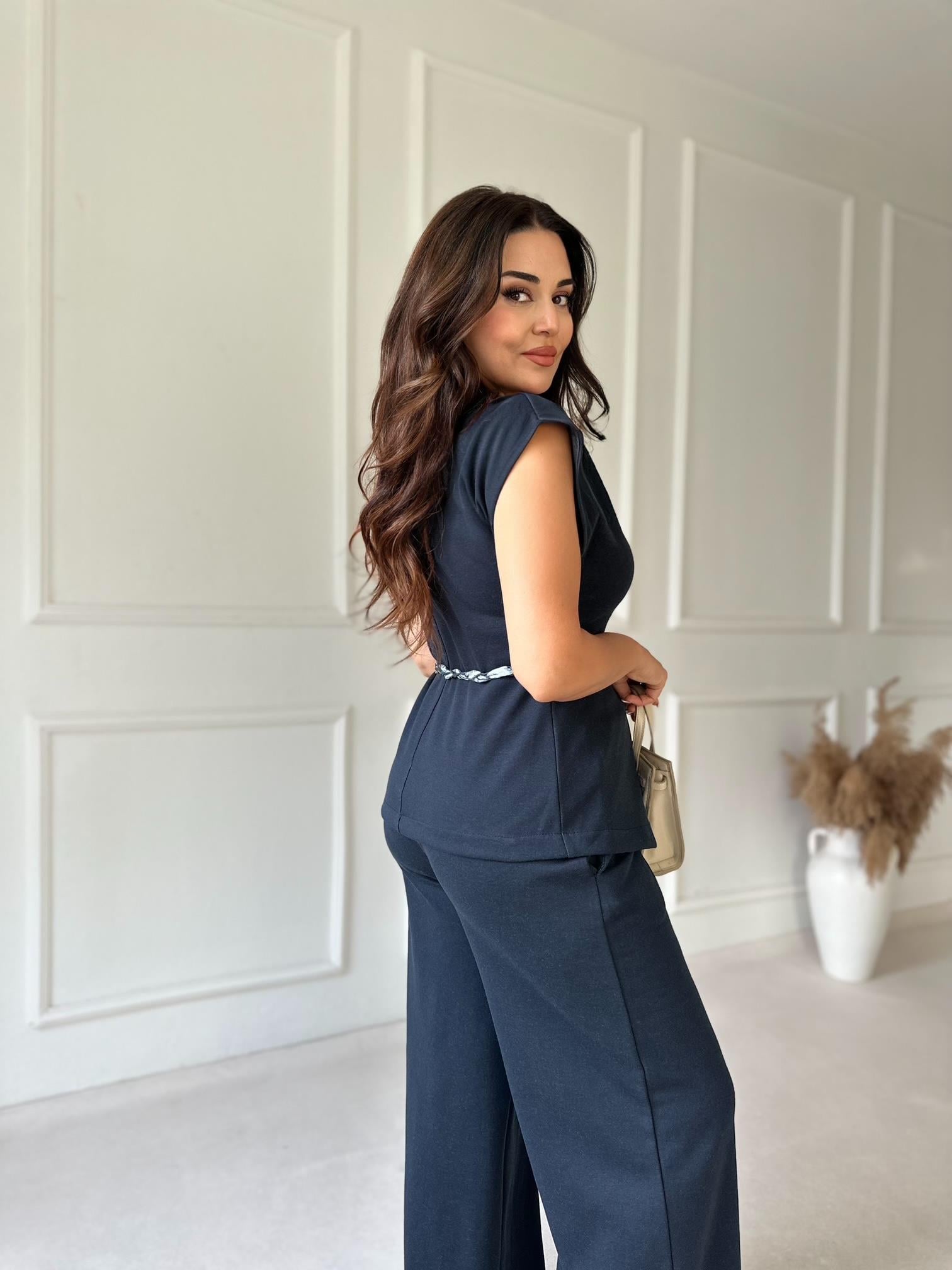 Denim Efekt Kruvaze Yaka Aksesuarlı Yelek Pantolon Takım
