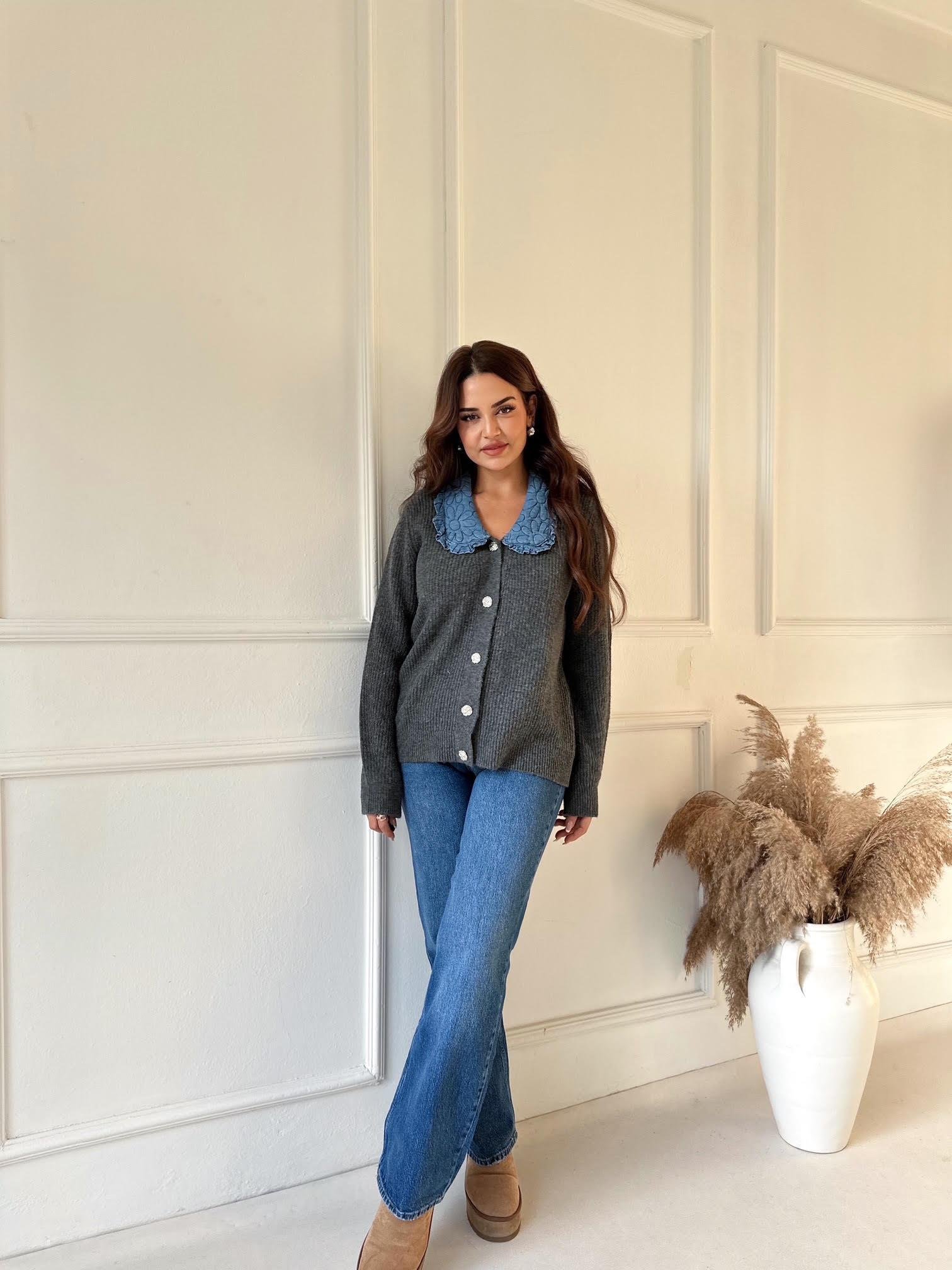 Denim Yakalı Kadın Triko Hırka - Antasit