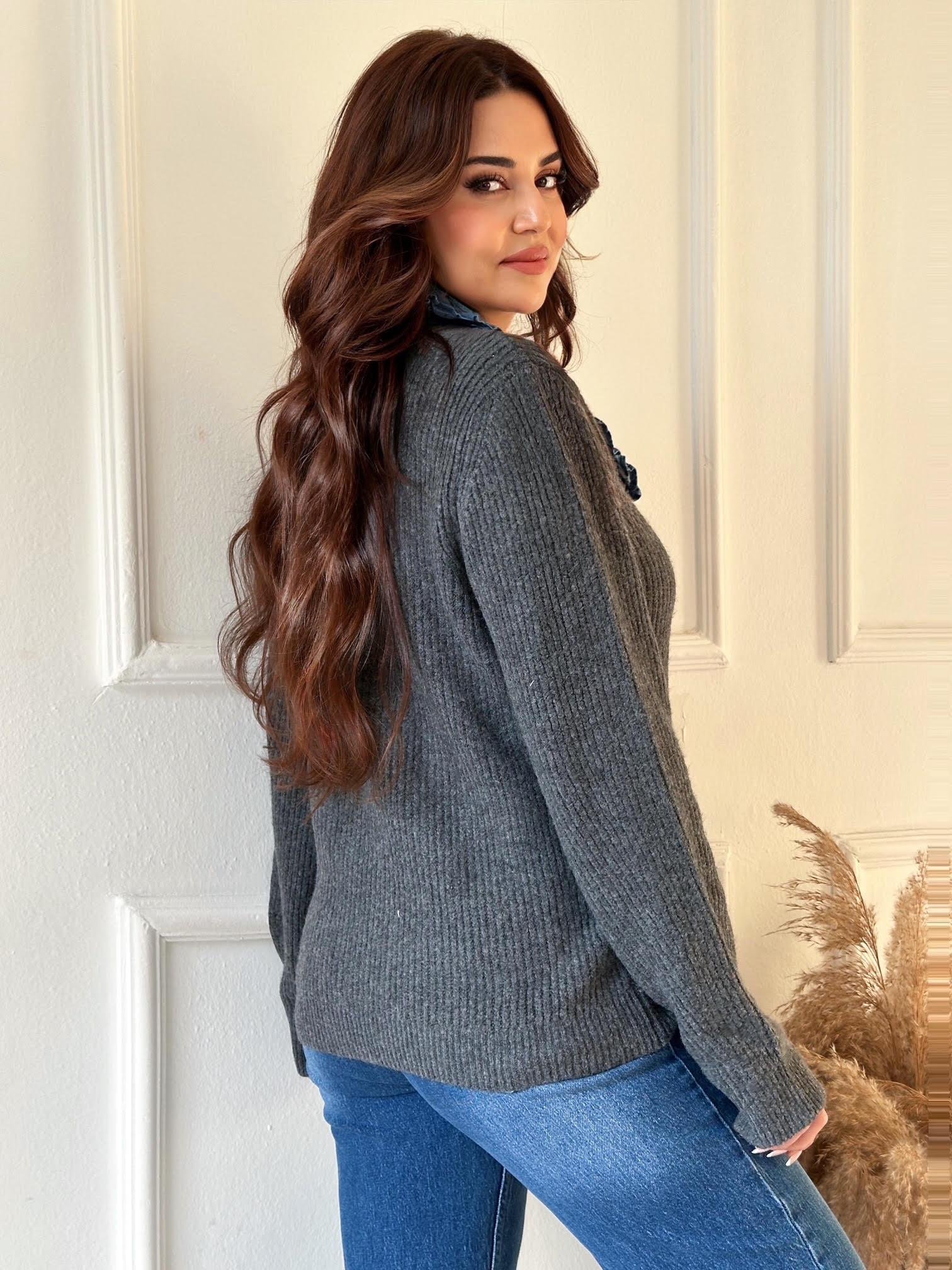 Denim Yakalı Kadın Triko Hırka - Antasit