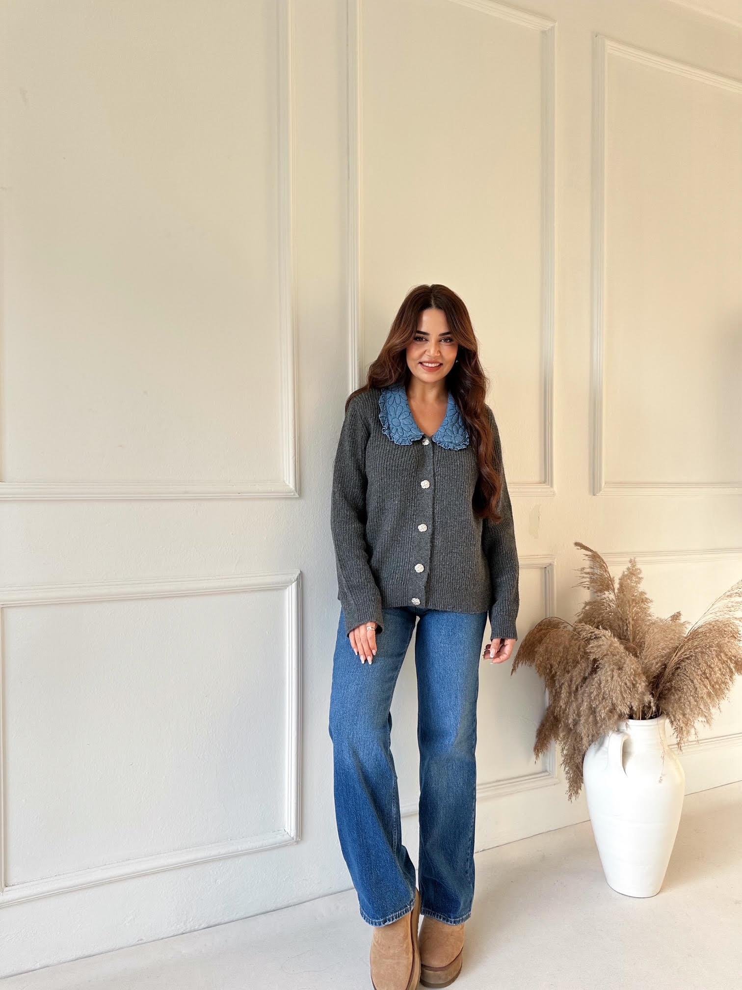 Denim Yakalı Kadın Triko Hırka - Antasit