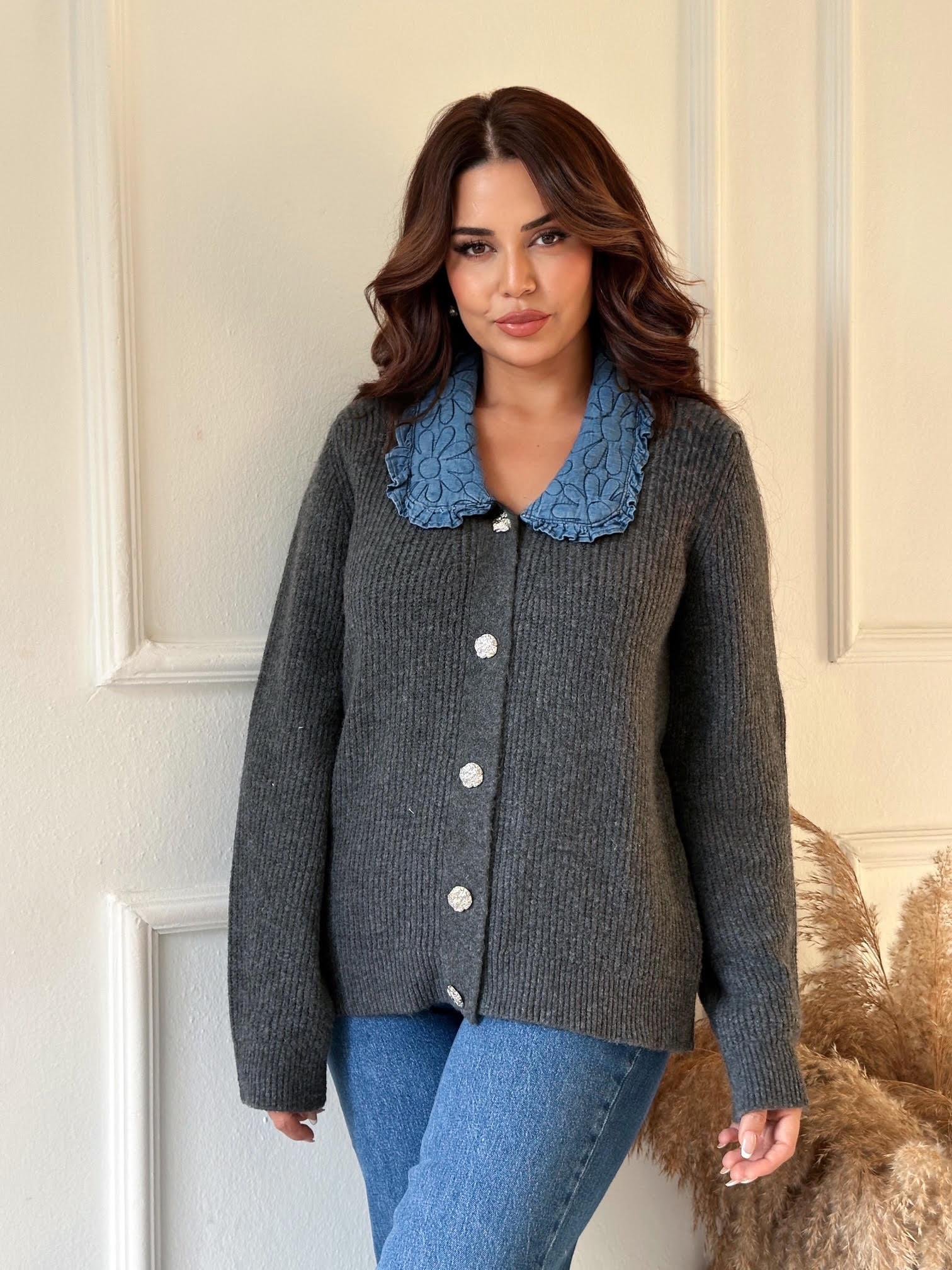 Denim Yakalı Kadın Triko Hırka - Antasit