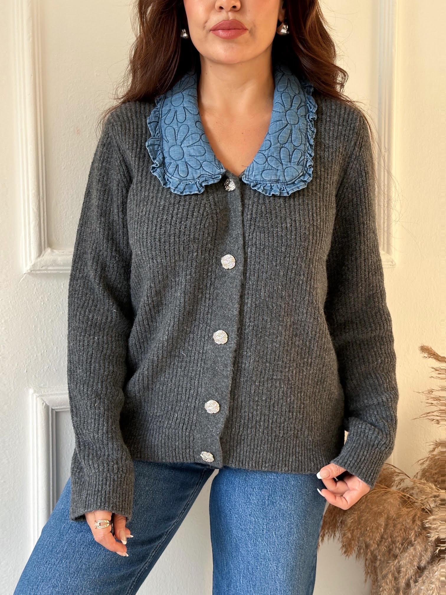 Denim Yakalı Kadın Triko Hırka - Antasit